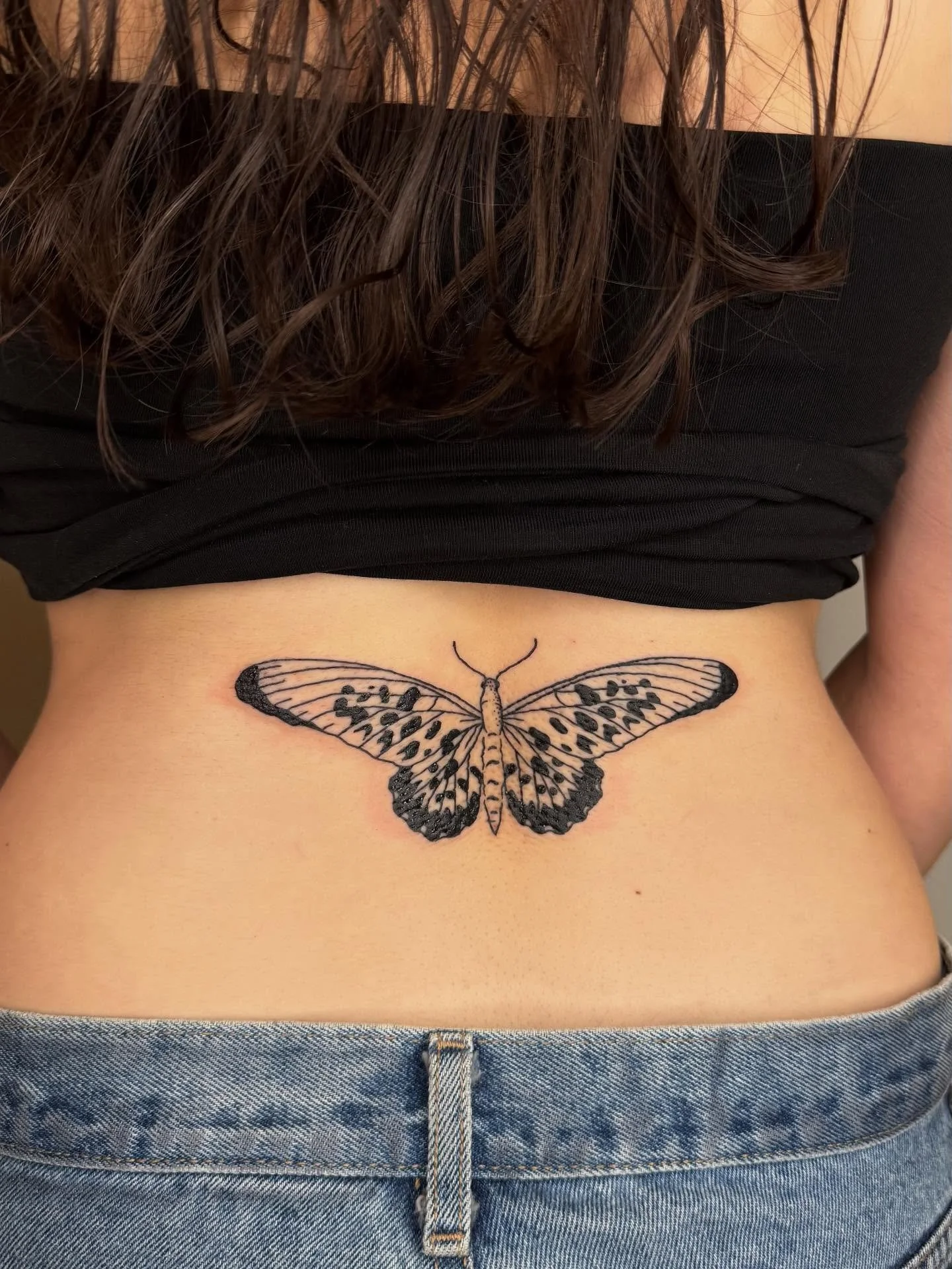 Custom lower back butterfly for Alex 🦋 books open for the rest of 2025 on Monday! 
.
.
.
.
#losangelestattoo #losangelestattooartist #latattoo #sandiegotattooartist #sandiegotattoo #blackworktattoos #butterflytattoos #lowerbacktattoo