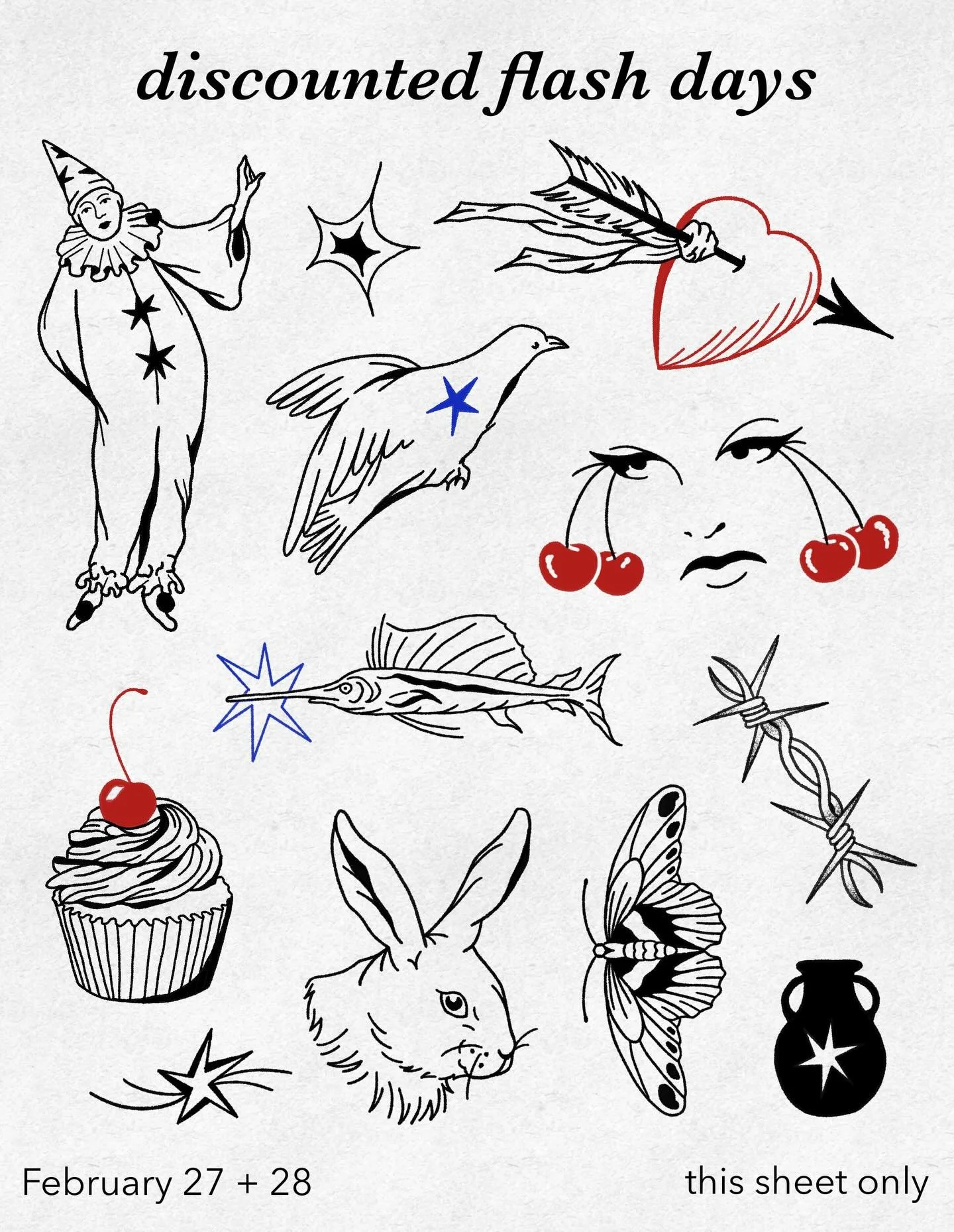 Did somebody say flash day?! 🎀⭐️❤️&zwj;🔥🎶

I&rsquo;ll be tattooing these flash designs at a discount, with a portion of proceeds donated to @chirla_org 

Book through the calendar link in my bio. Can be done in black or color 🎨 prices shown are f