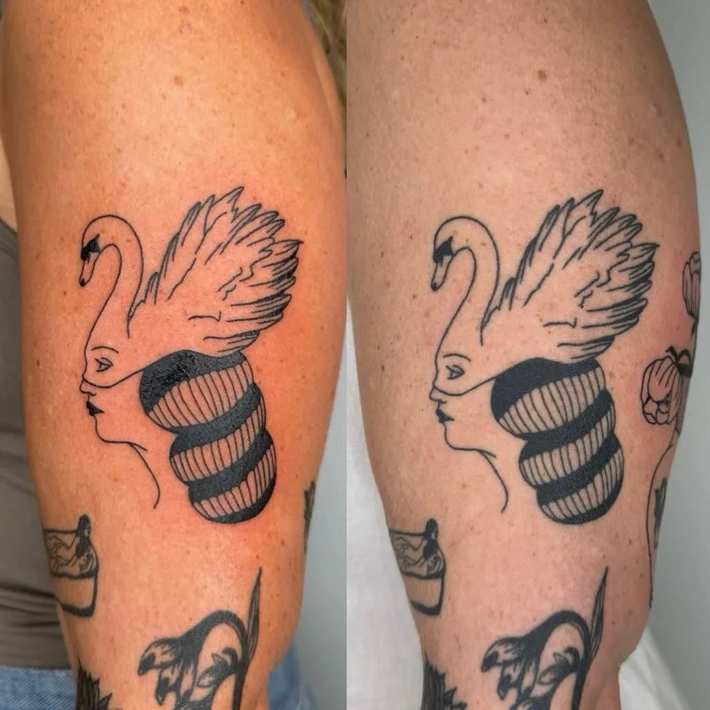 A lil fresh vs healed compilation 🦢 this is how you can expect your tattoos to settle in! No touch ups were done for the tattoos in this post 😇