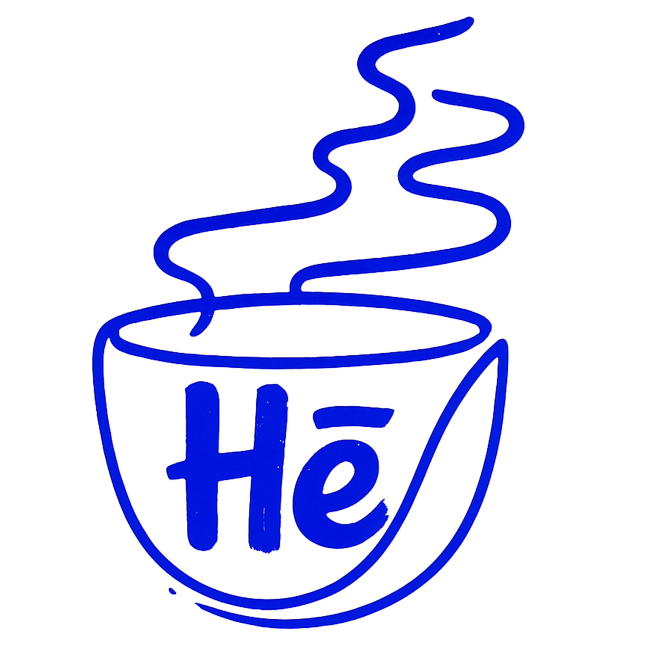 Leuchtendes Neonzeichen eines Teetassensymbols mit dampfenden Linien und dem Wort 'He' in Blau.