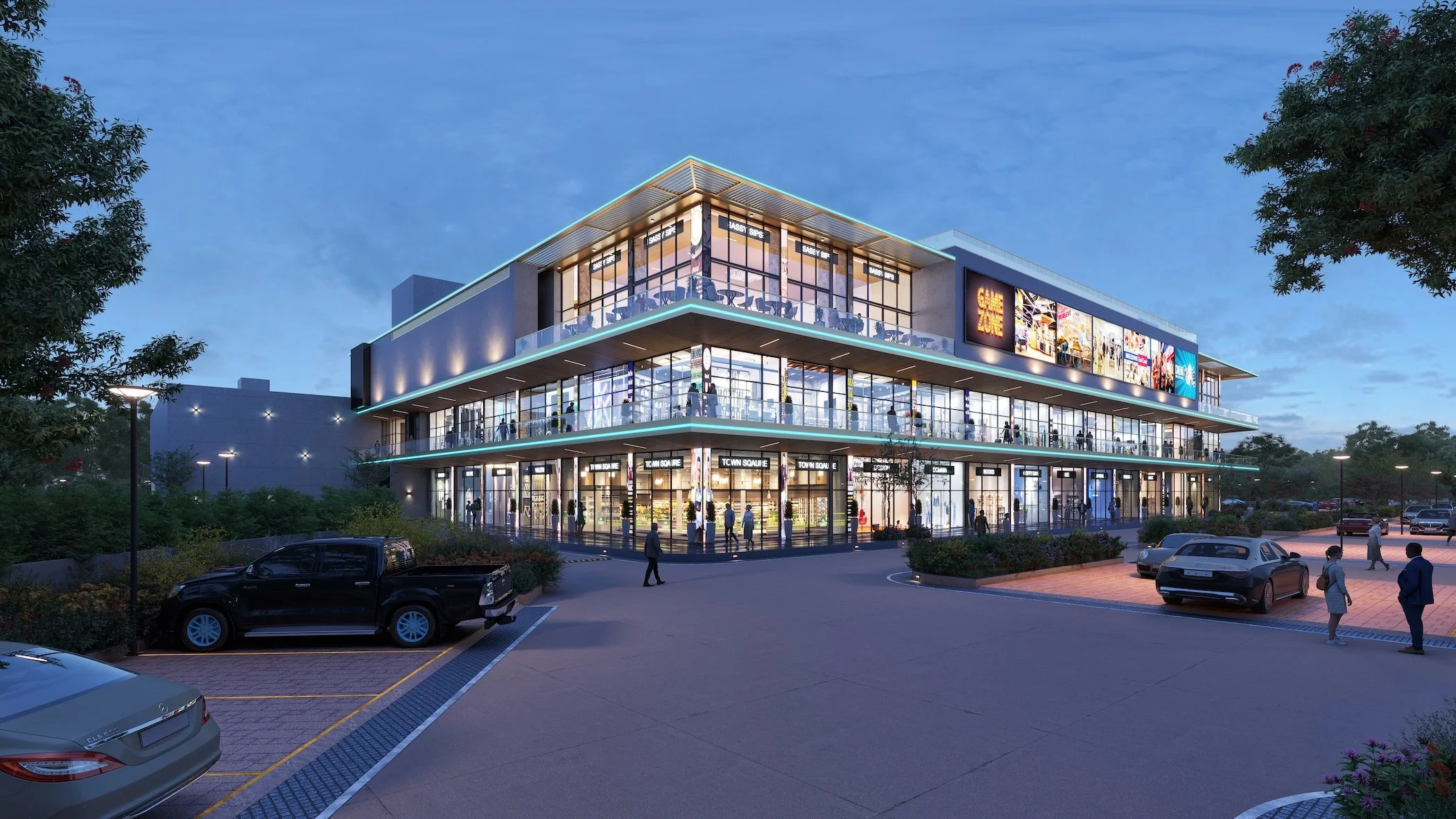 Mall of Lubumbashi CGI external dusk view of development and parking.jpg
