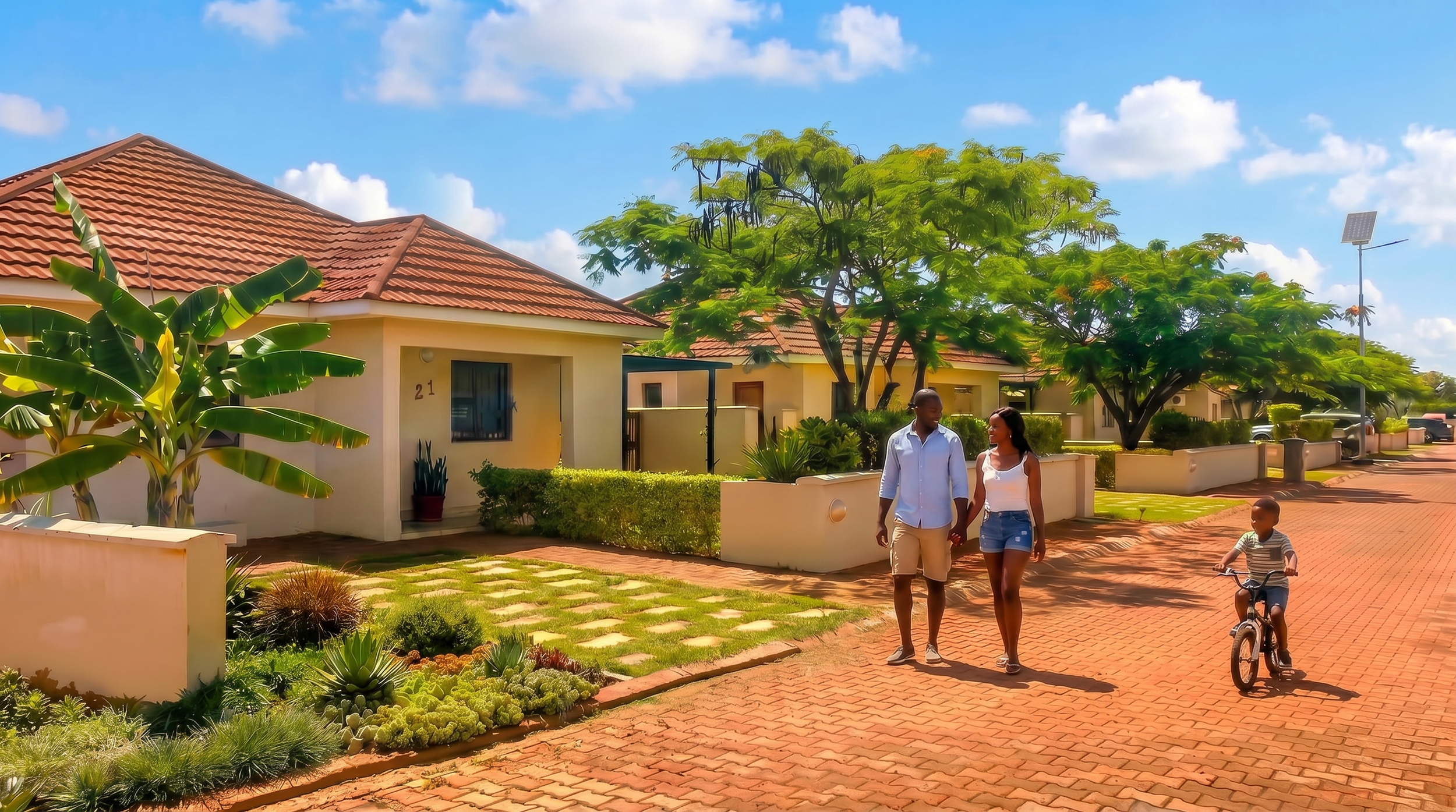 Luano City Flamboyant Estate daytime family walking within estate.png