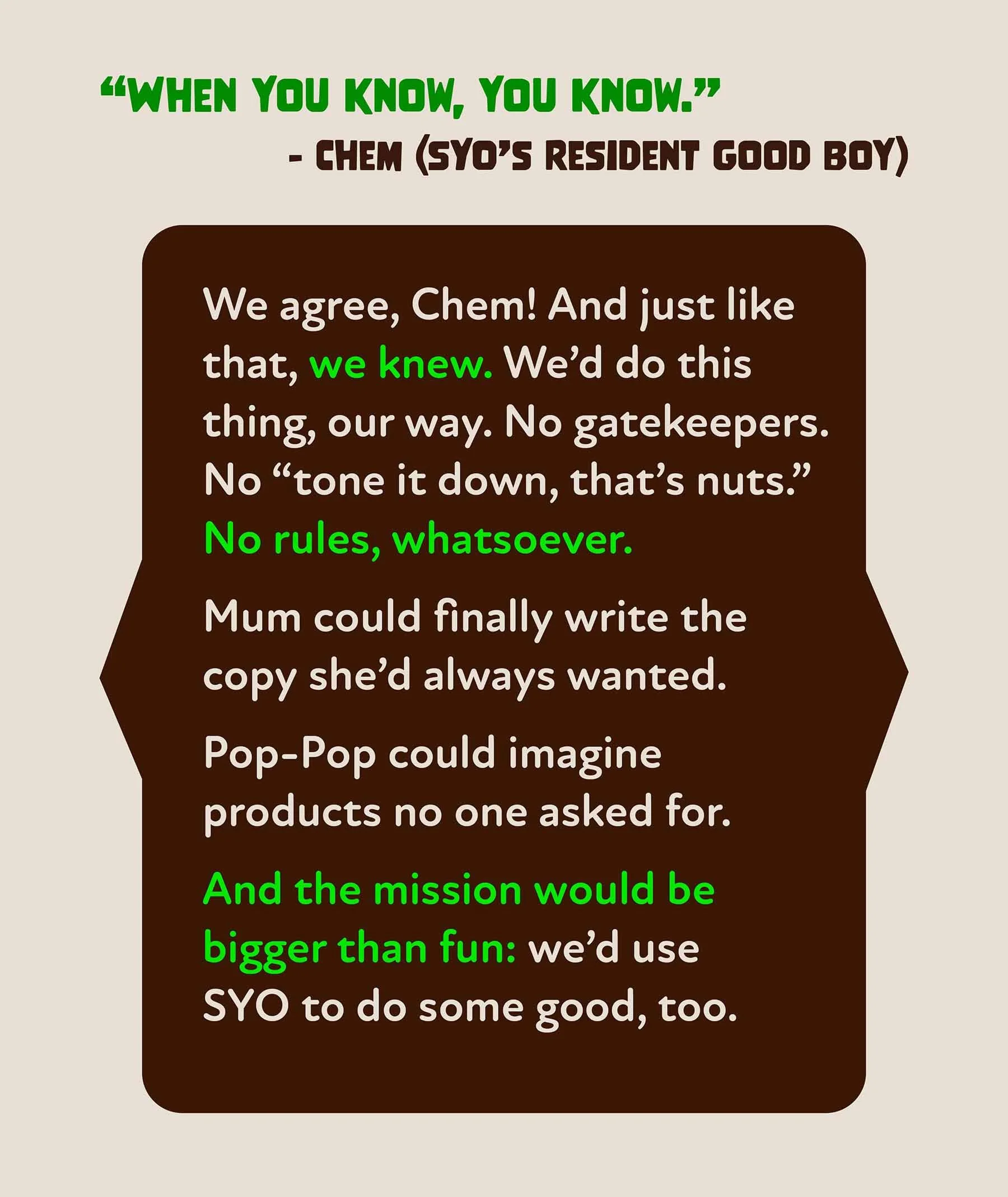 A quote by Chem (SYO's resident good boy) that says “When you know, you know." Mum could finally write the copy she’d always wanted. Pop-Pop could imagine products no one asked for. And the mission would be bigger than fun: we’d use SYO to do good.