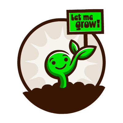 A smiling cartoon sprout with two green leaves, planted in soil, holding a sign that says "Let me grow!" against a beige background.