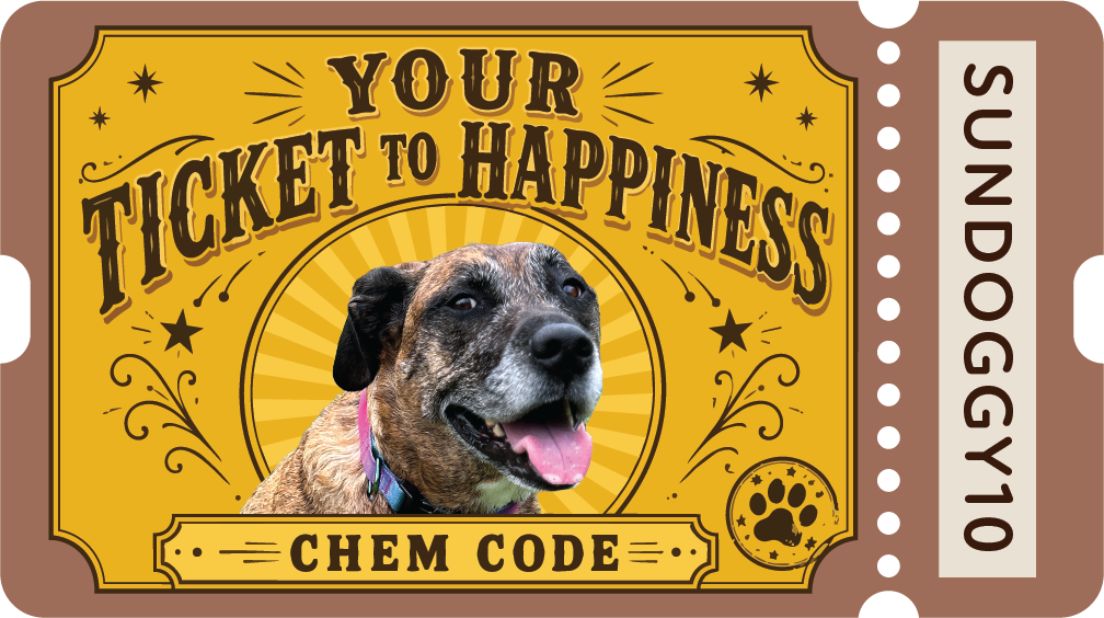 Vintage gold ticket reading "Your Ticket to Happiness," featuring a photo of Chem the brindle pit bull, tongue out, in the center circle. Bottom banner reads "Chem Code." Ticket stub on right shows code "SUNDOGGY10."