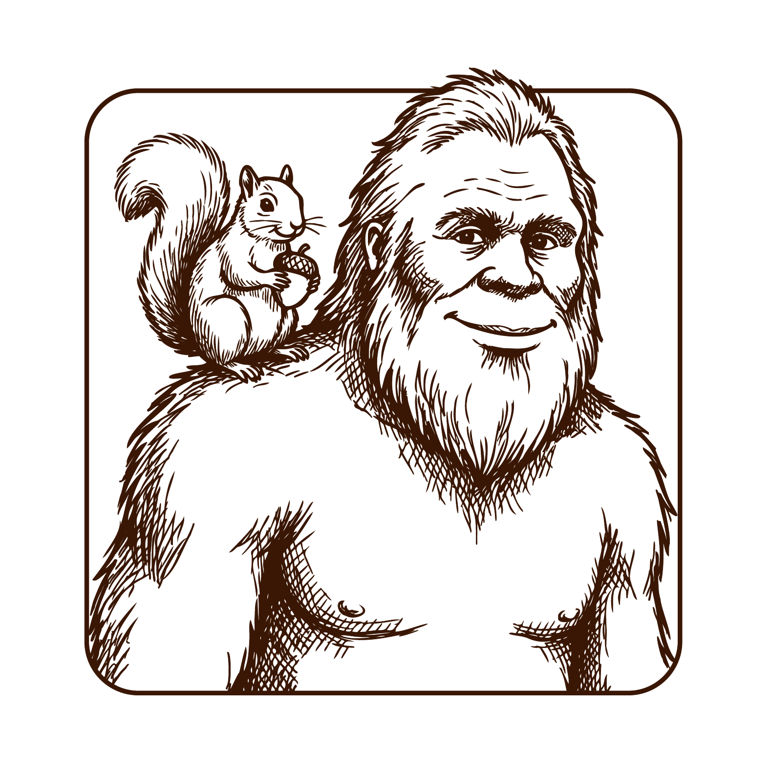 A digital illustration featuring a bigfoot and a squirrel. The bigfoot is looking forward with a calm expression, and the squirrel is sitting on the bigfoot's shoulder holding a nut.