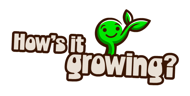 Cartoon of a smiling green sprout with leaves, next to the question 'How's it growing?'