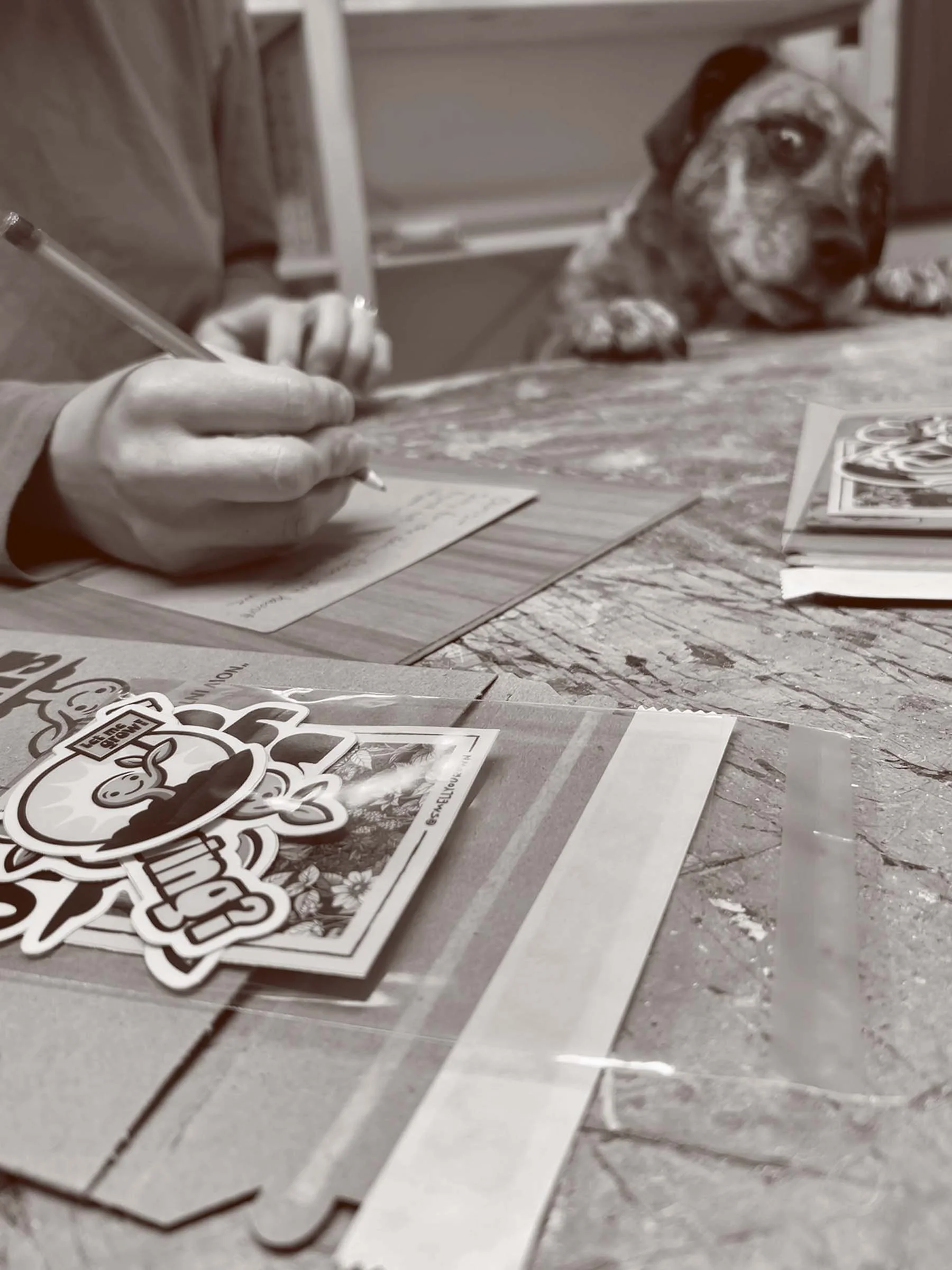 A person wearing gloves writing on a card with a dog peering over a table displaying stickers and papers.