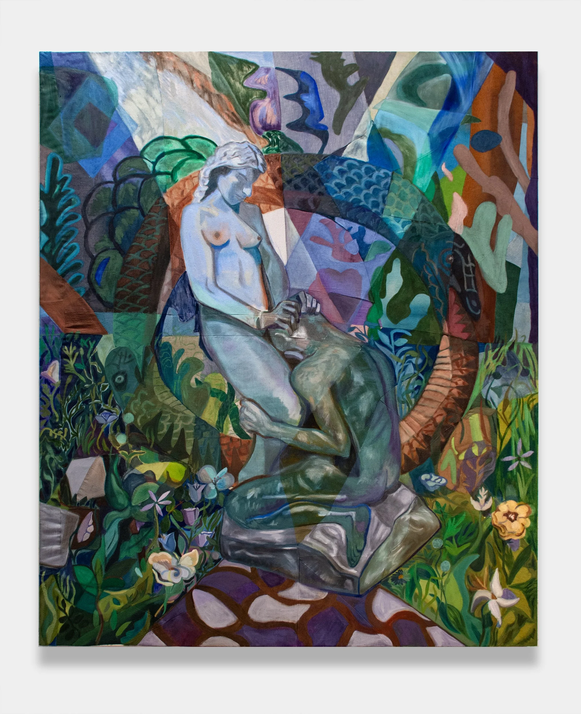 Flesh & Stone, oil paint on naturally dyed and sewn surface, with appliqué and embroidery thread, 72h x 60w inches