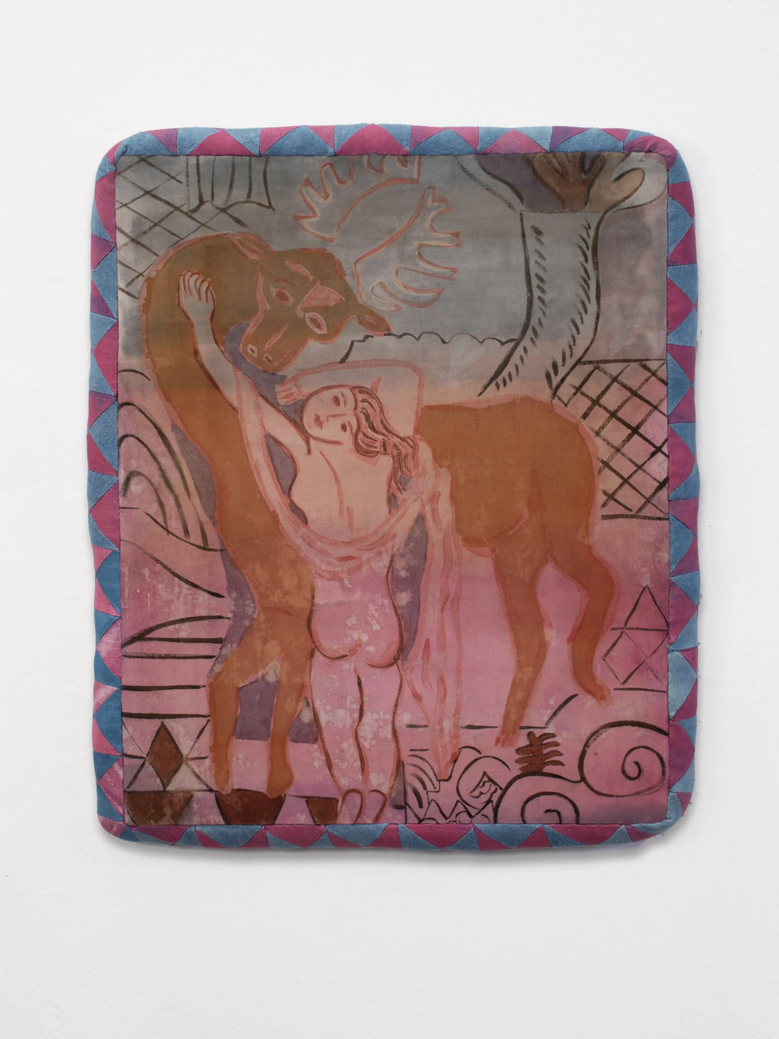 The Ceryneian Hind, 2026, natural pigment paint on silk with naturally dyed border,  20h x 16w inches
