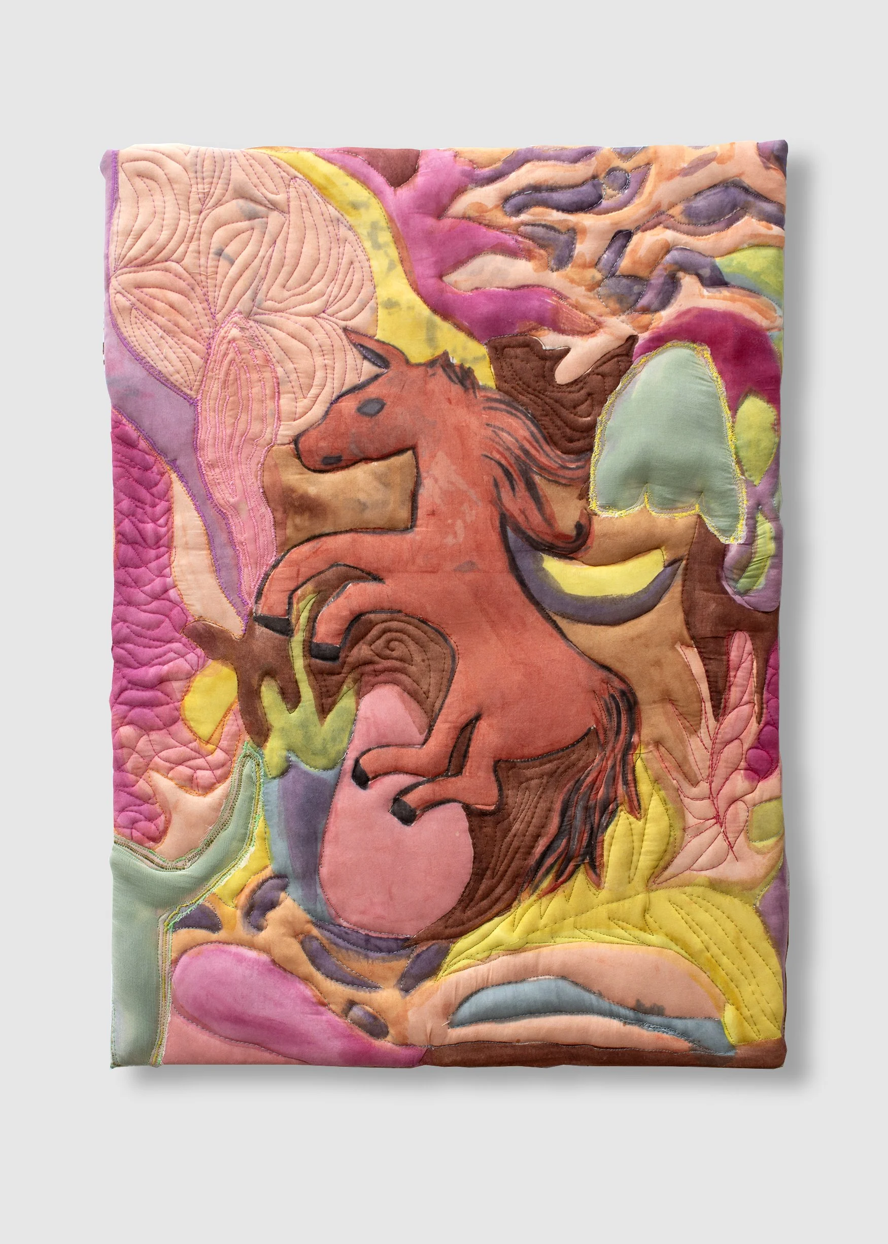 Lisa Frank Cave Painting, naturally dyed pigment paint on cotton with sewing thread, 22h 16w inches