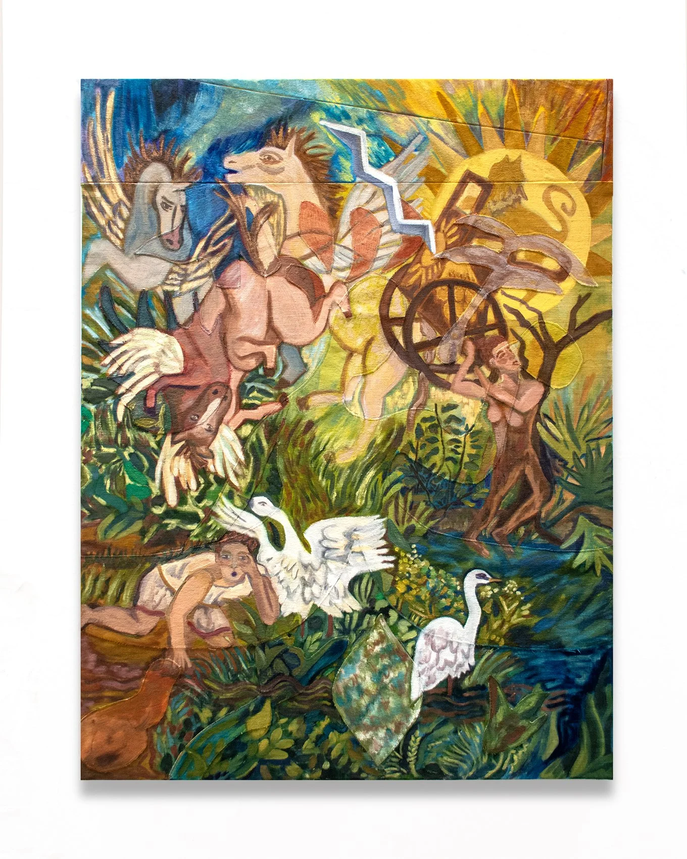 A Son's Ambition & a Lover's Endless Mourning (Swan Song), oil paint on naturally dyed and sewn surface, 40h x 30w inches