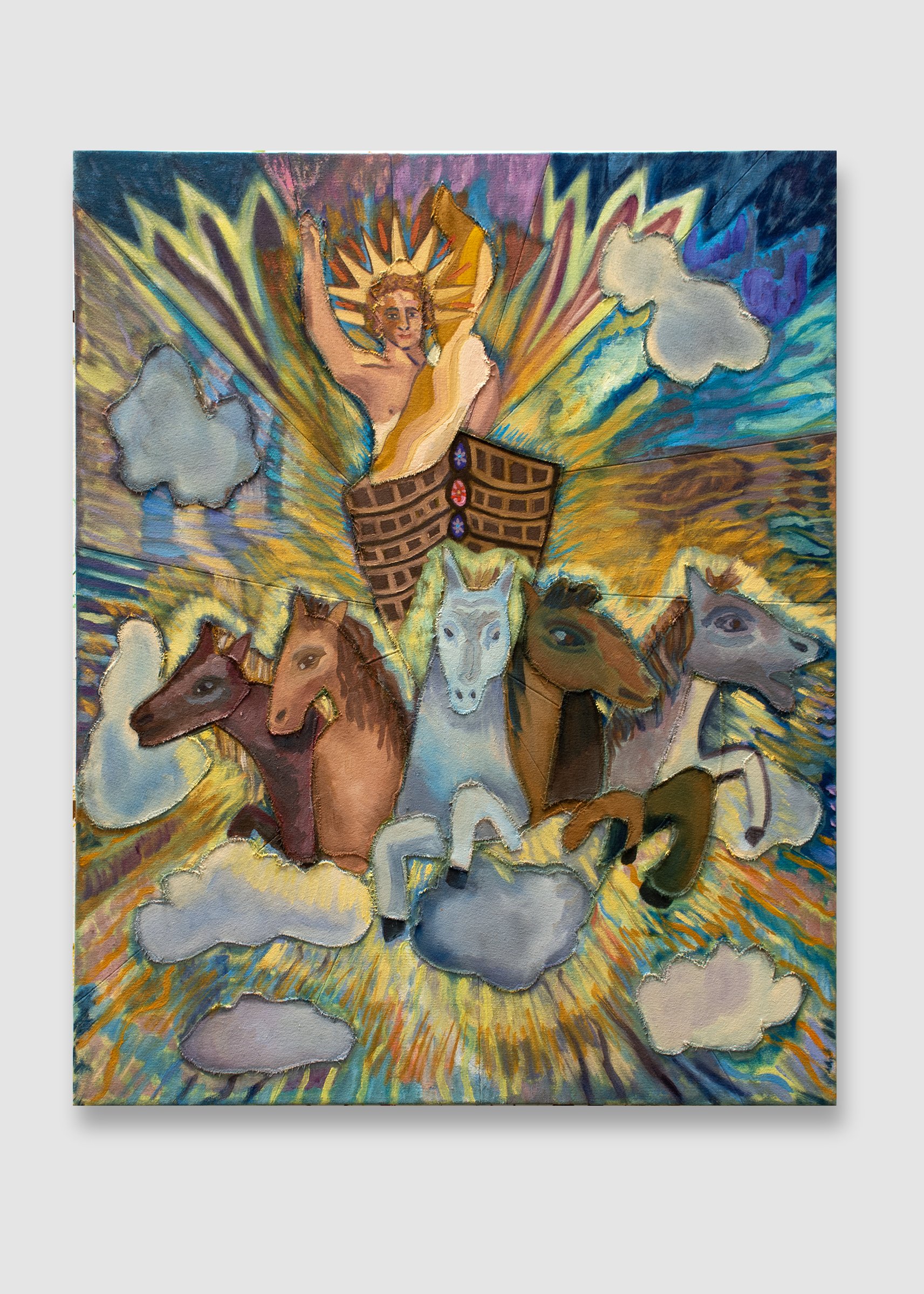 Helio Circa Diem, oil paint on naturally dyed and sewn surface, 30h x 24w inches 