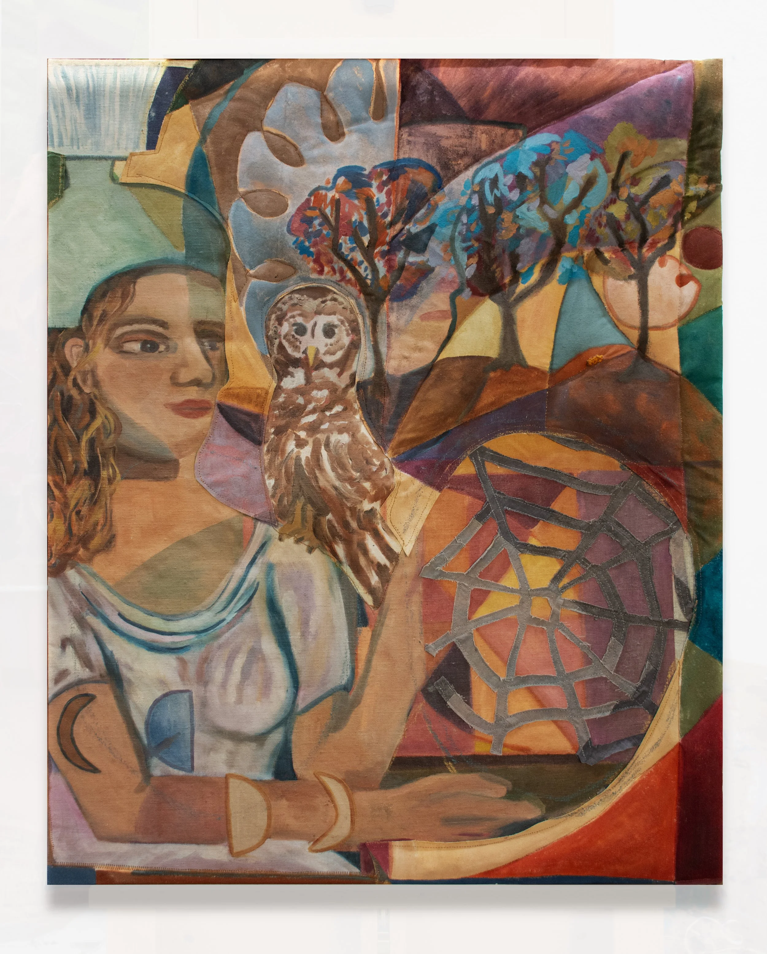 Athena & Arachne, oil paint on naturally dyed and sewn surface with polyfil and embroidery, 36h x 24w inches