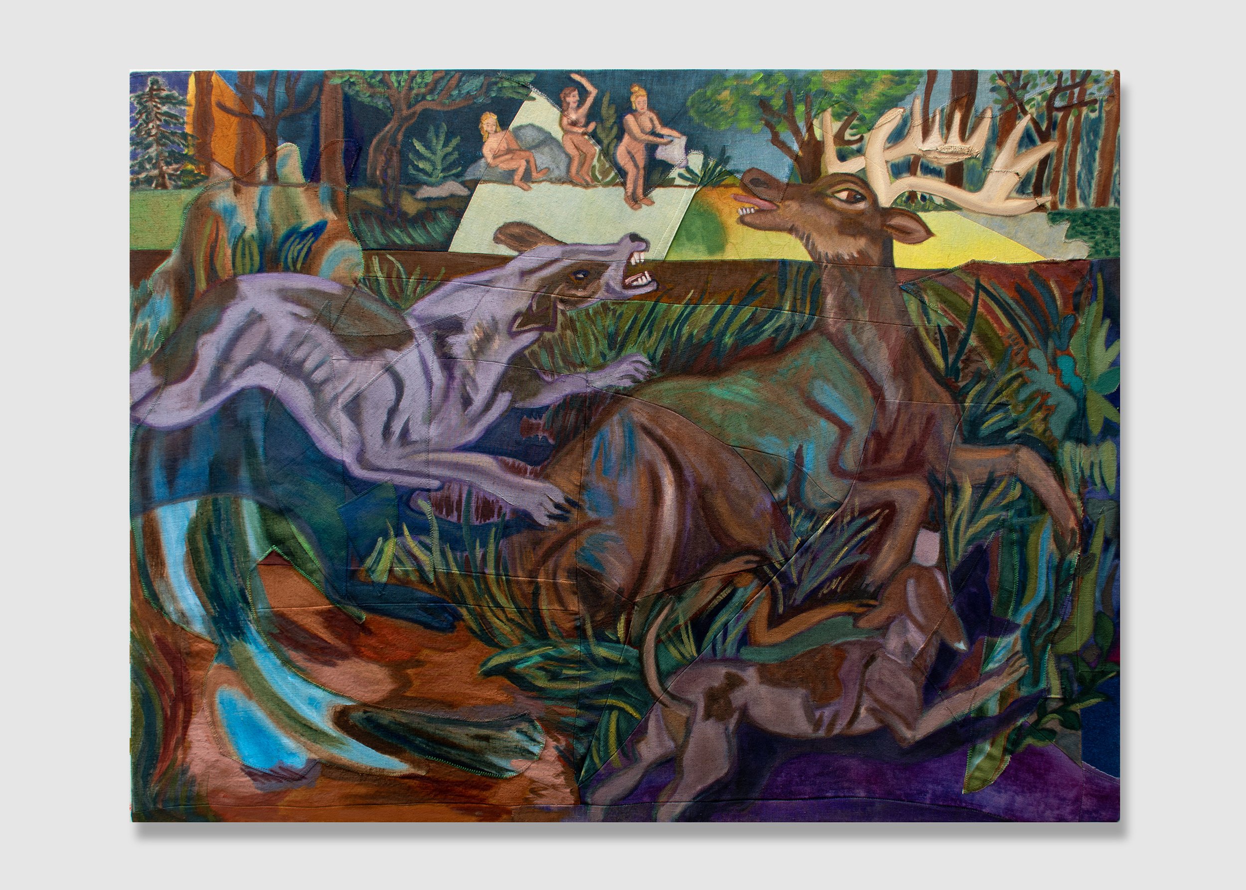 The Hunter's Hubris Yielded his Hunting, 2026, naturally dyed and sewn surface with oil paint and embroidery thread, 30h x 40w inches