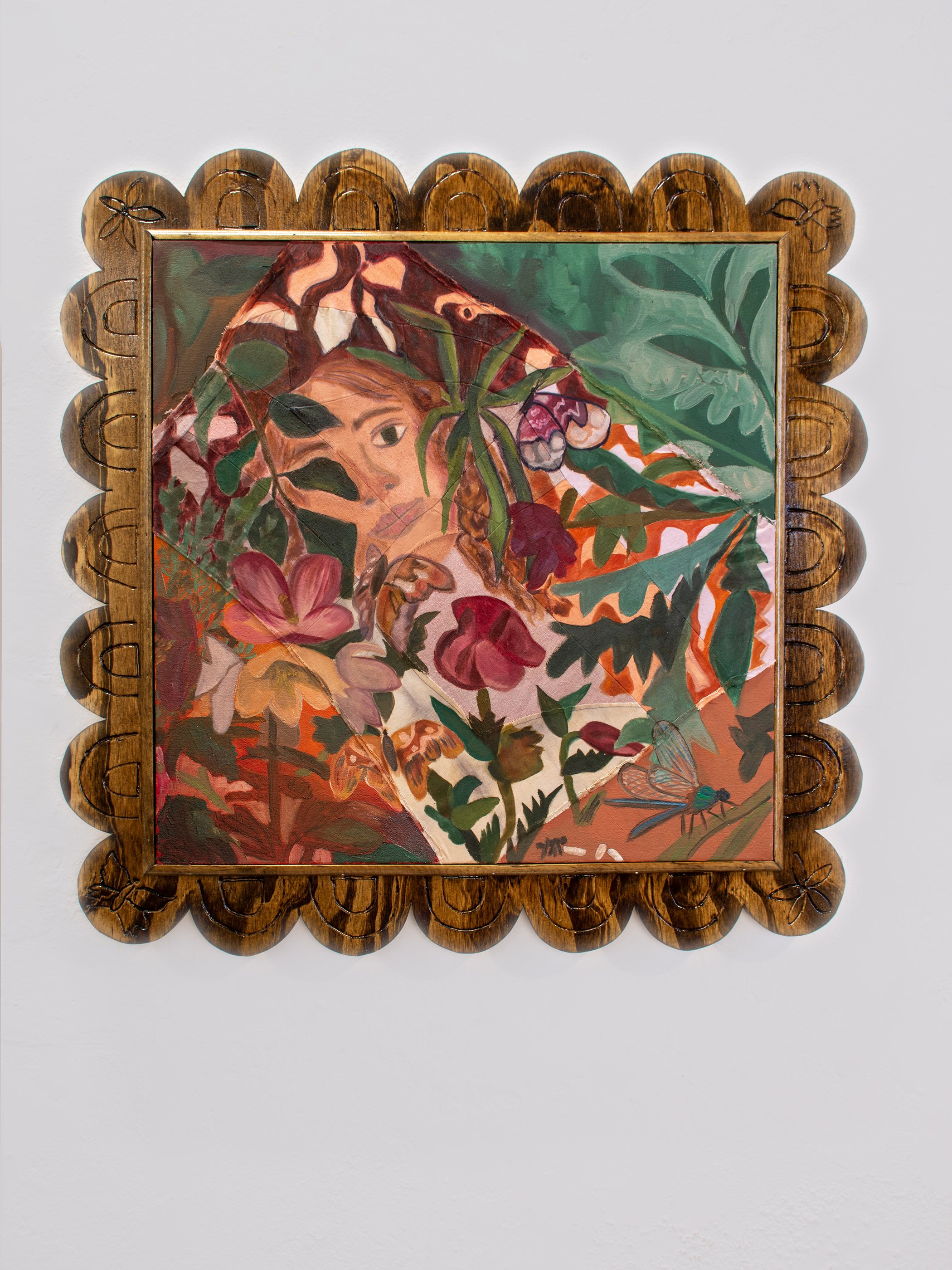 Psyche (sorting grains), 2026, naturally dyed silk and canvas with oil paint and artist-made carved frame, 29h x 29w inches