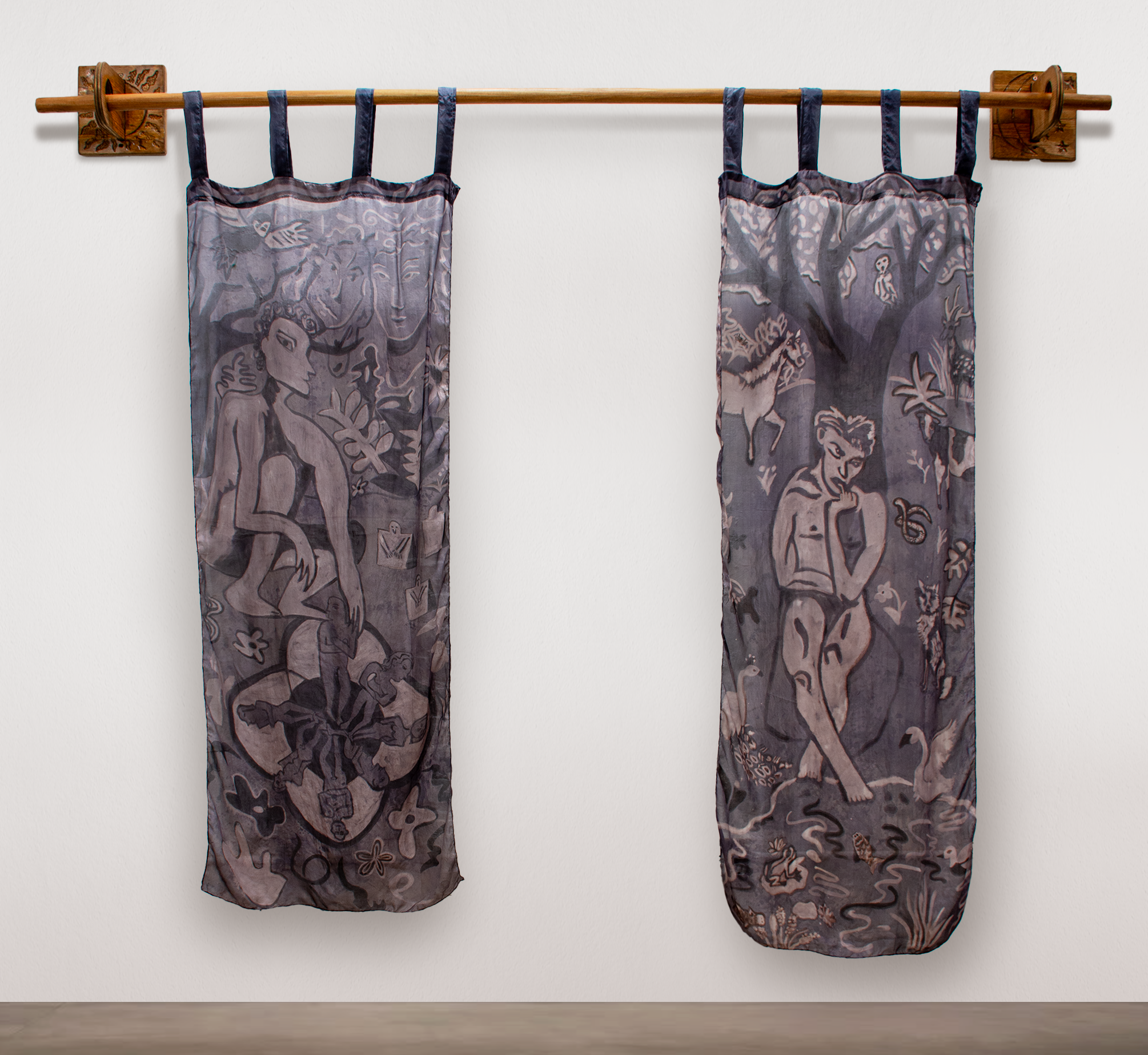 Prometheus & Epimetheus Create Man & Animal (forethought & afterthought), 2026, oak gall and iron dyed silk with myroballan, pomegranate, and citric acid paint and carved brackets, 68h x 28w inches each