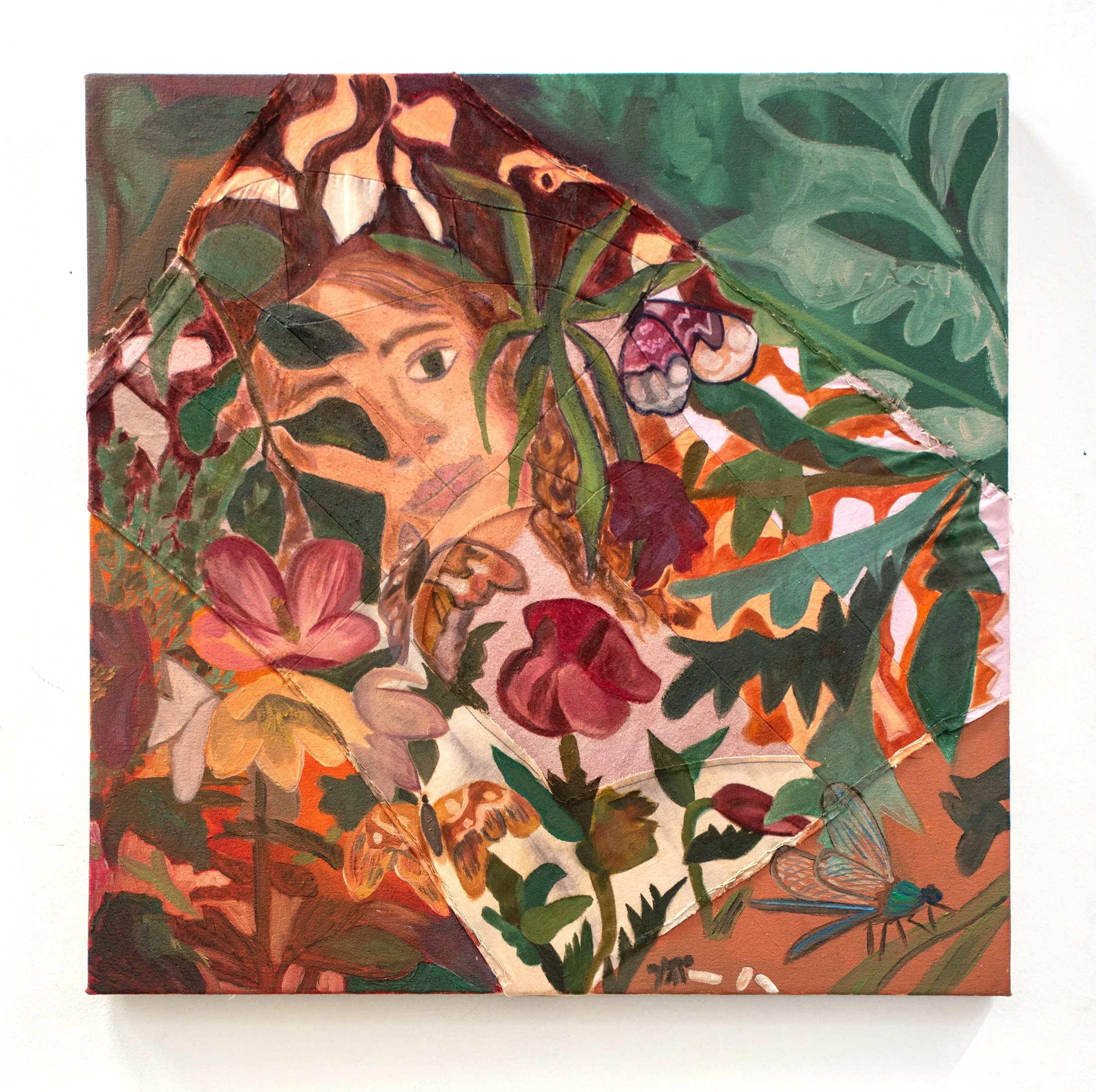 Psyche (sorting grains), oil paint on naturally dyed and sewn surface, 22h x 22w inches