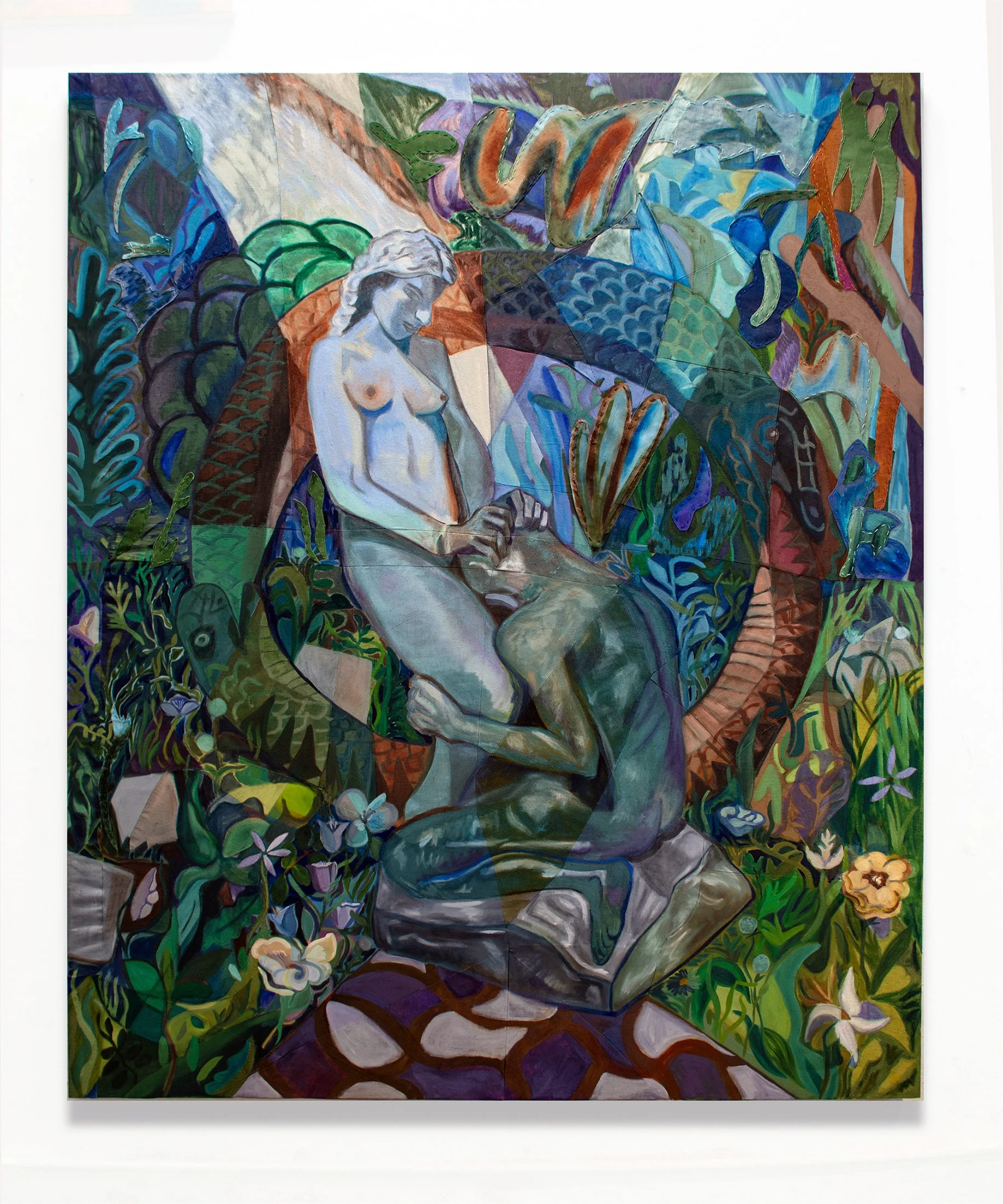 Flesh & Stone, 2026, naturally dyed and sewn surface with oil paint, appliqué, and embroidery thread, 72h x 60w inches