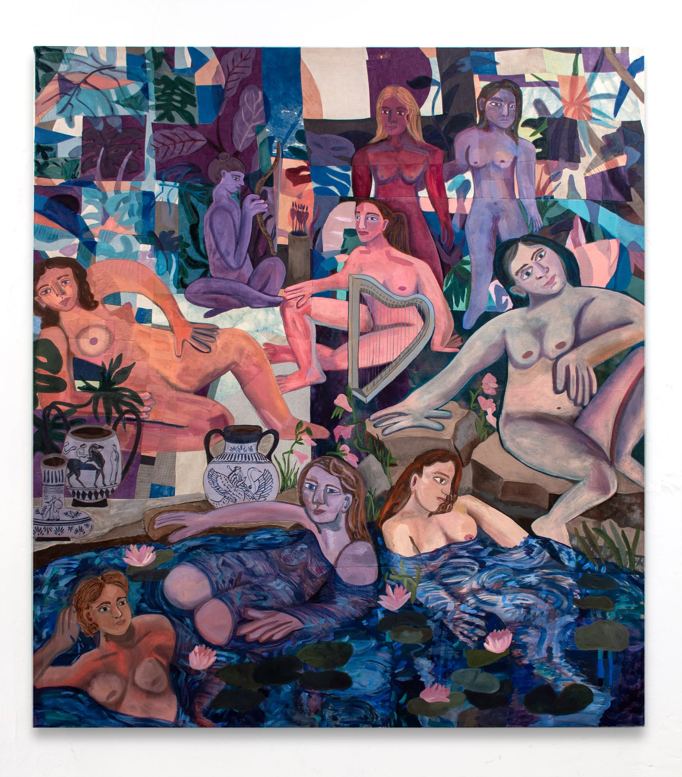 Nine Muses Bathing, oil paint on naturally dyed and sewn surface,  80h x 72w inches
