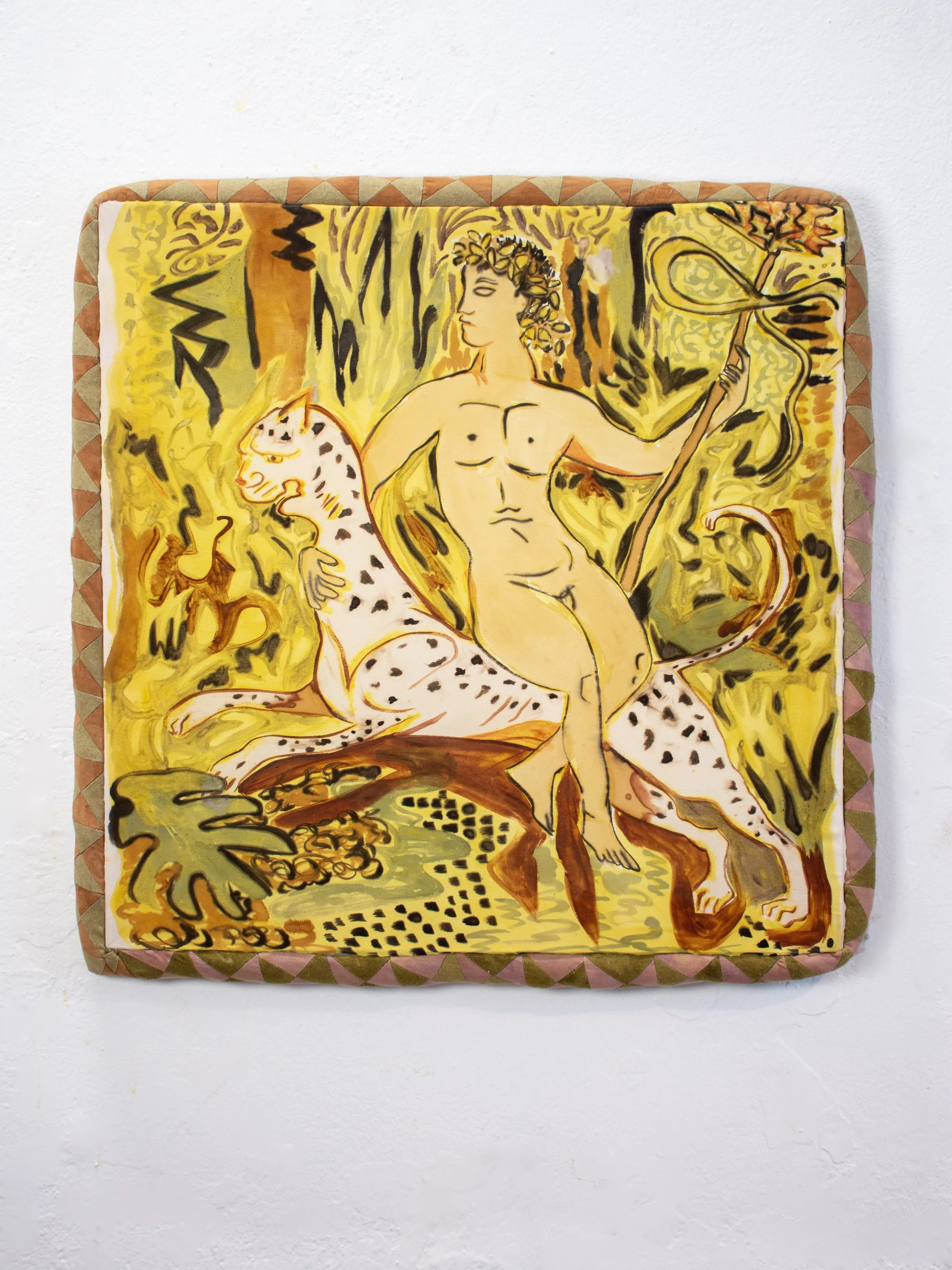 Beastly Dionysus, 2026, natural pigment paint on silk with naturally dyed border,  22 x 22 inches