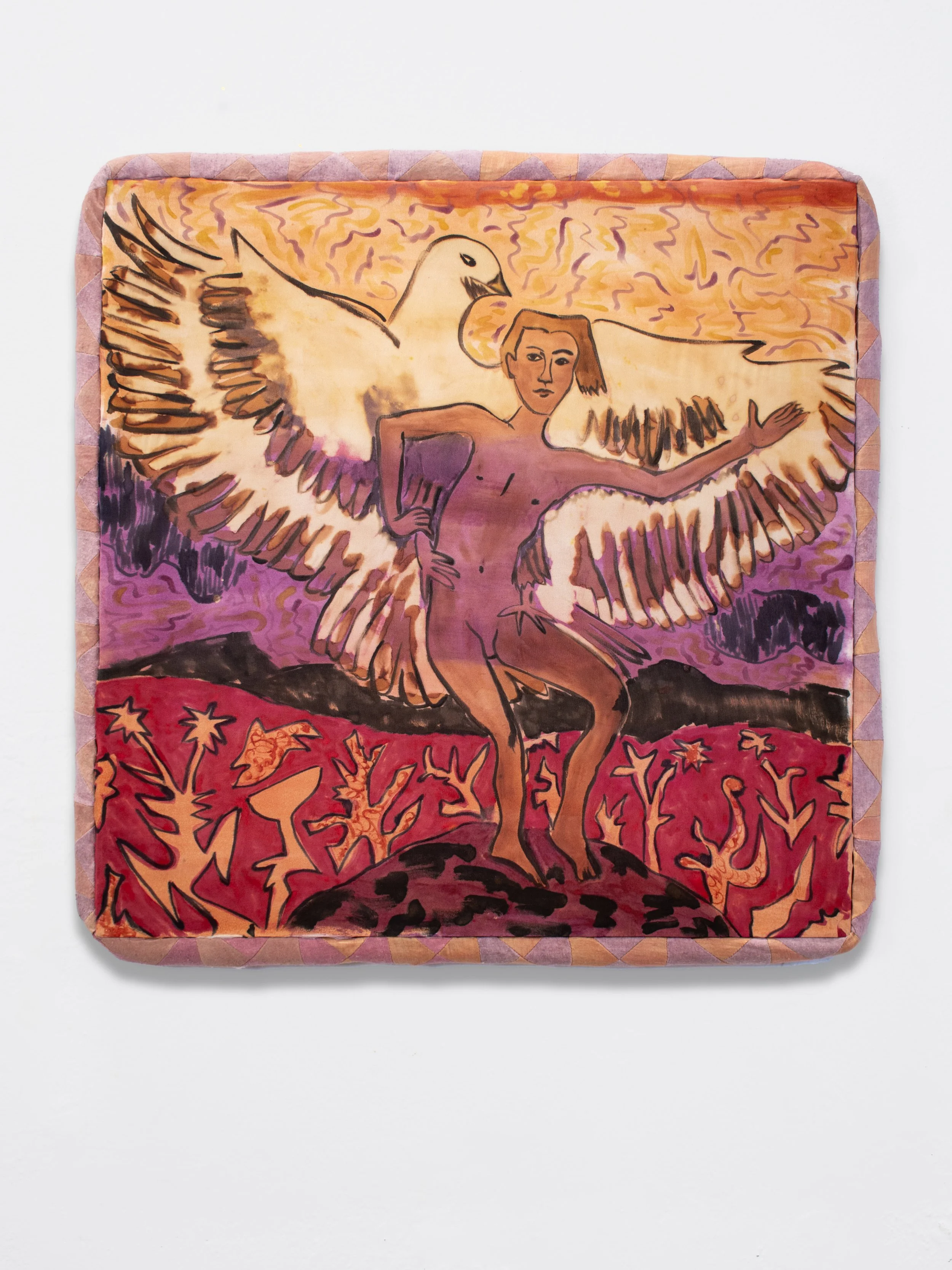 Boy with Wings, 2026, natural pigment paint on silk with naturally dyed border,  22 x 22 inches