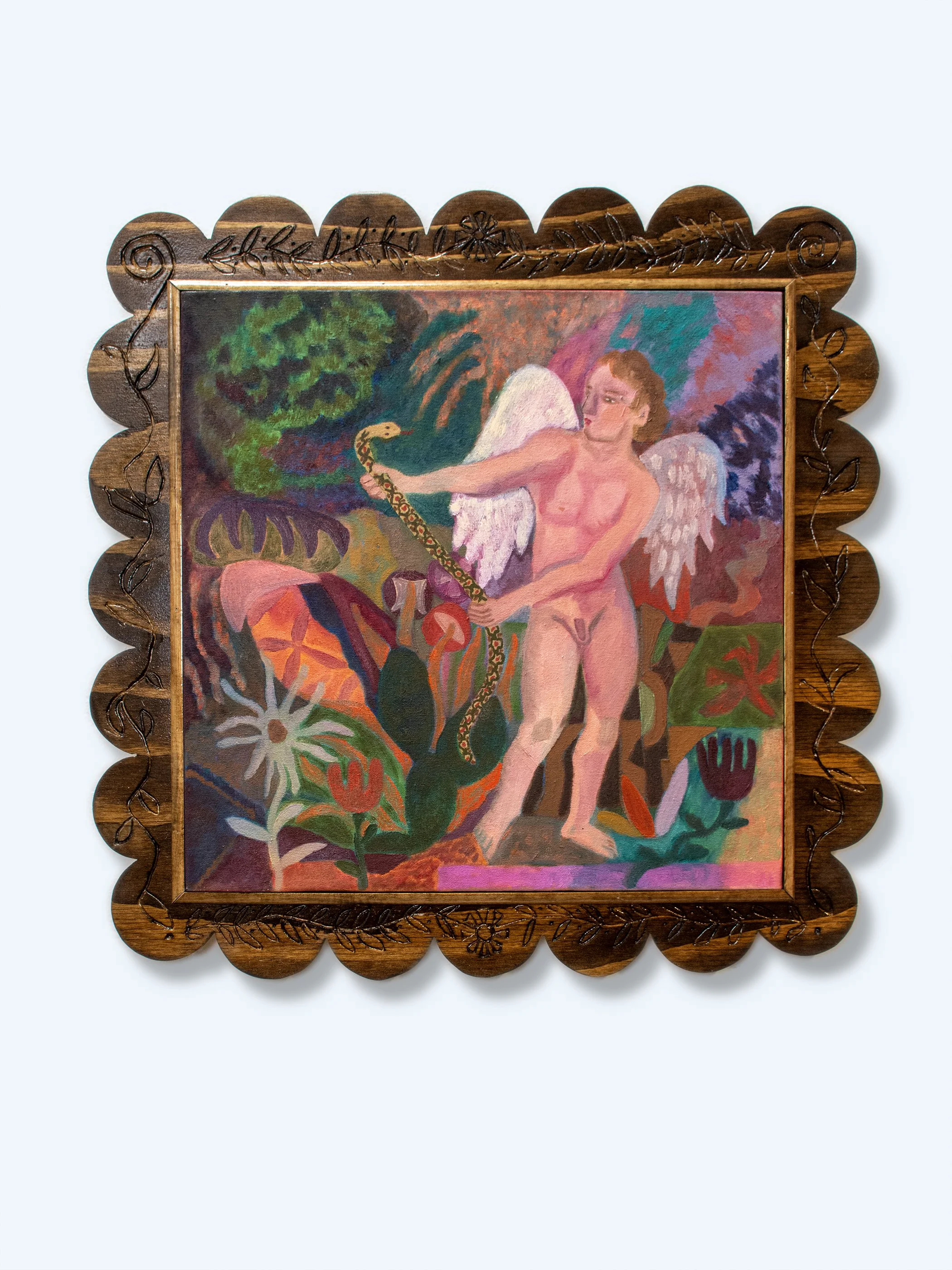 Cupid (pettish retreat), 2026,  oil paint on canvas with artist-made, carved frame, 29h x 29w inches