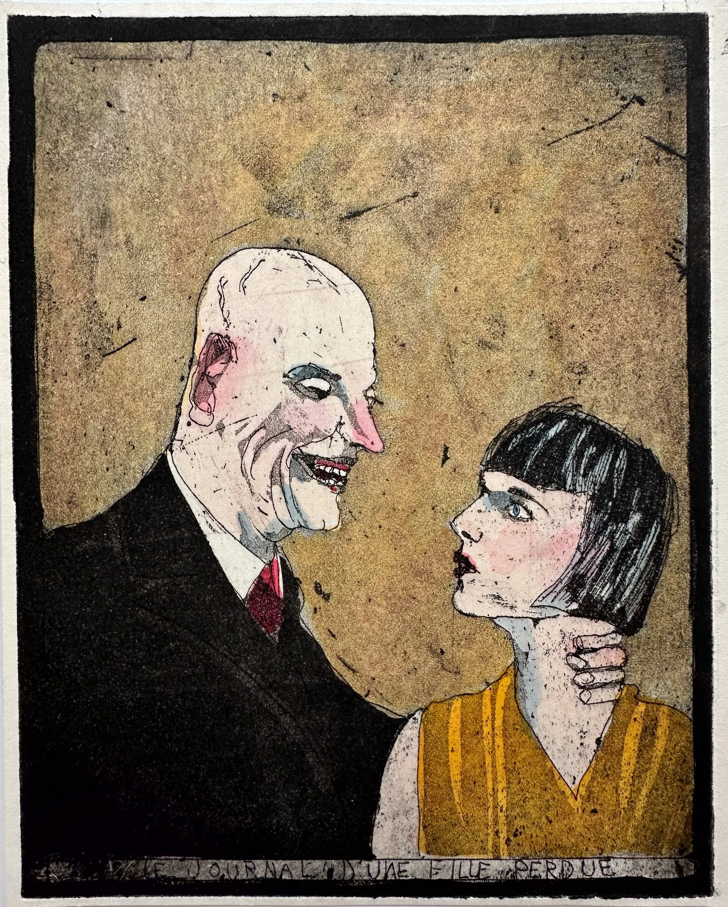 Le Journal d'un Fille Perdue - hand tinted monoprint - 7 3/4"H x 6 1/4"W