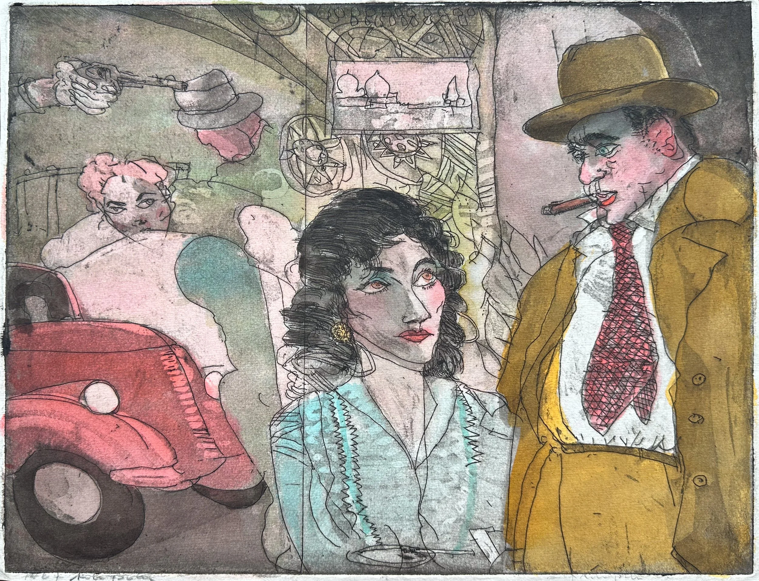 Istanbul Beauty - hand tinted monoprint - 9"H x 11 3/4"W 