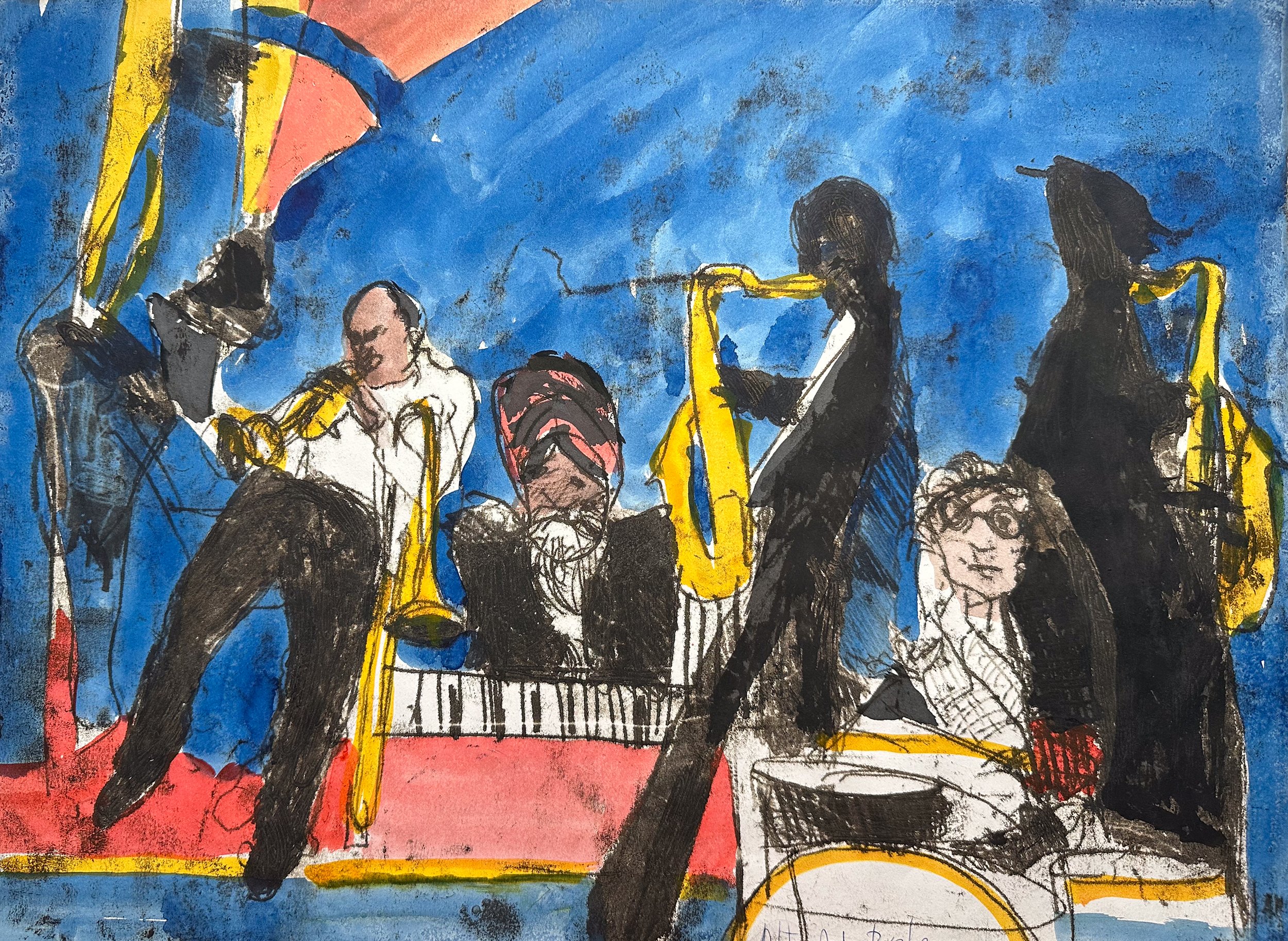 Jazz Night Quintet - monotype on paper - 15"H x 20 1/8"W
