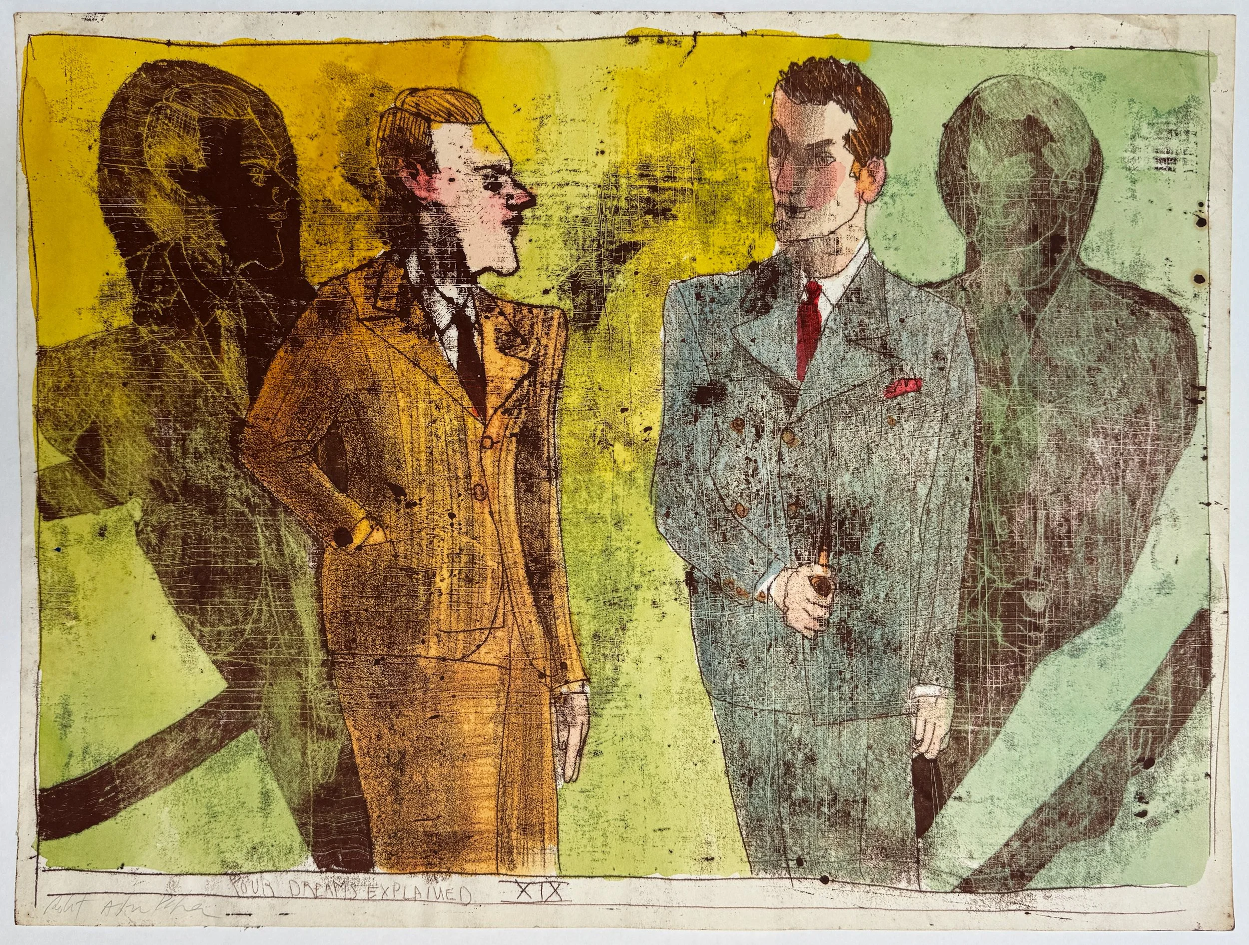 Four Dreams Explained XIX - hand tinted monotype - 15"H x 22"W