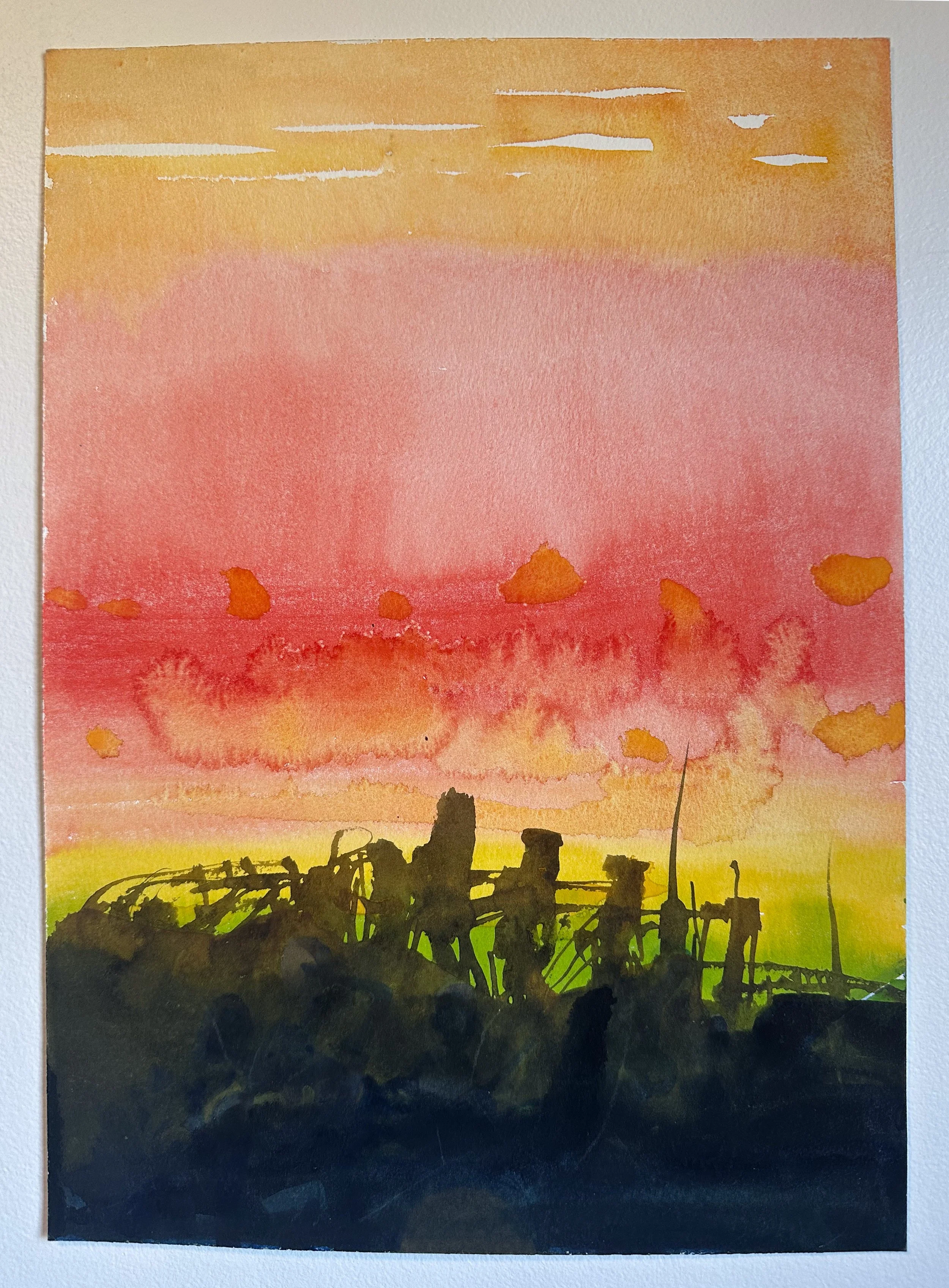 Industrial Skyline Against Sunset - watercolor on paper - 14"H x 10"W