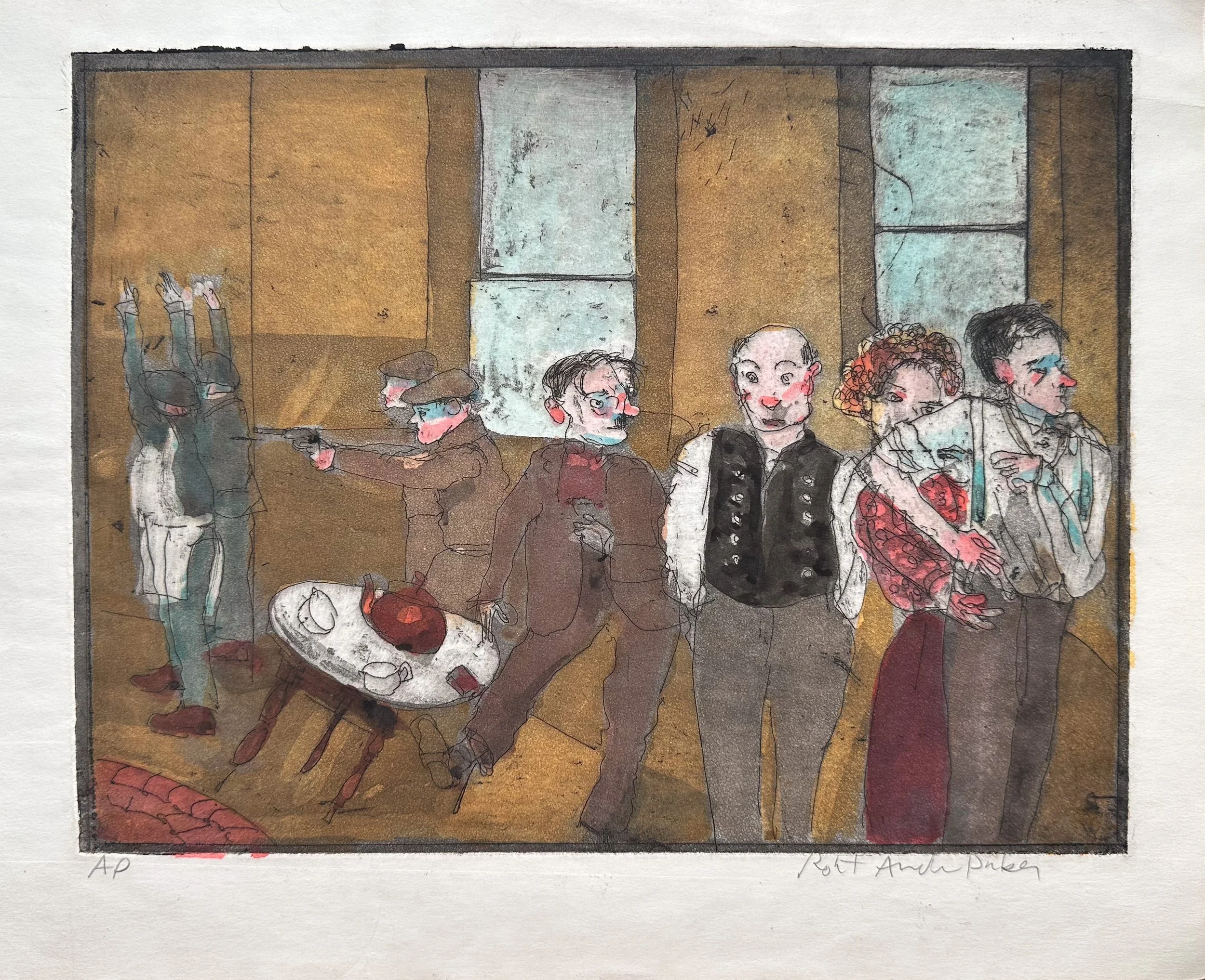 Afternoon Tea - hand tinted monoprint - 11"H x 14"W  - artwork 8 3/4"H x 11"W