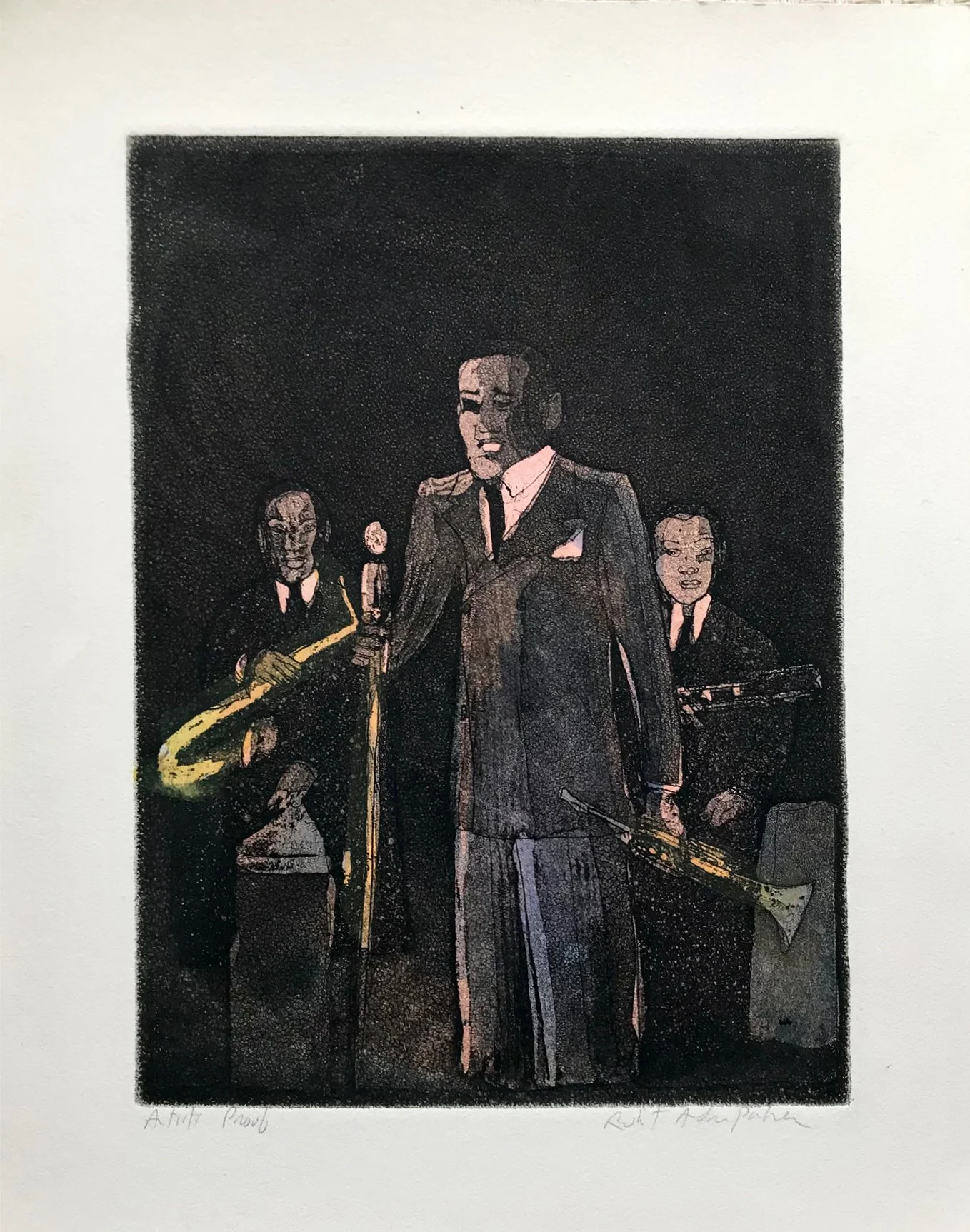 Dizzy Gillespie - hand tinted monoprint - 10"H x 7"W