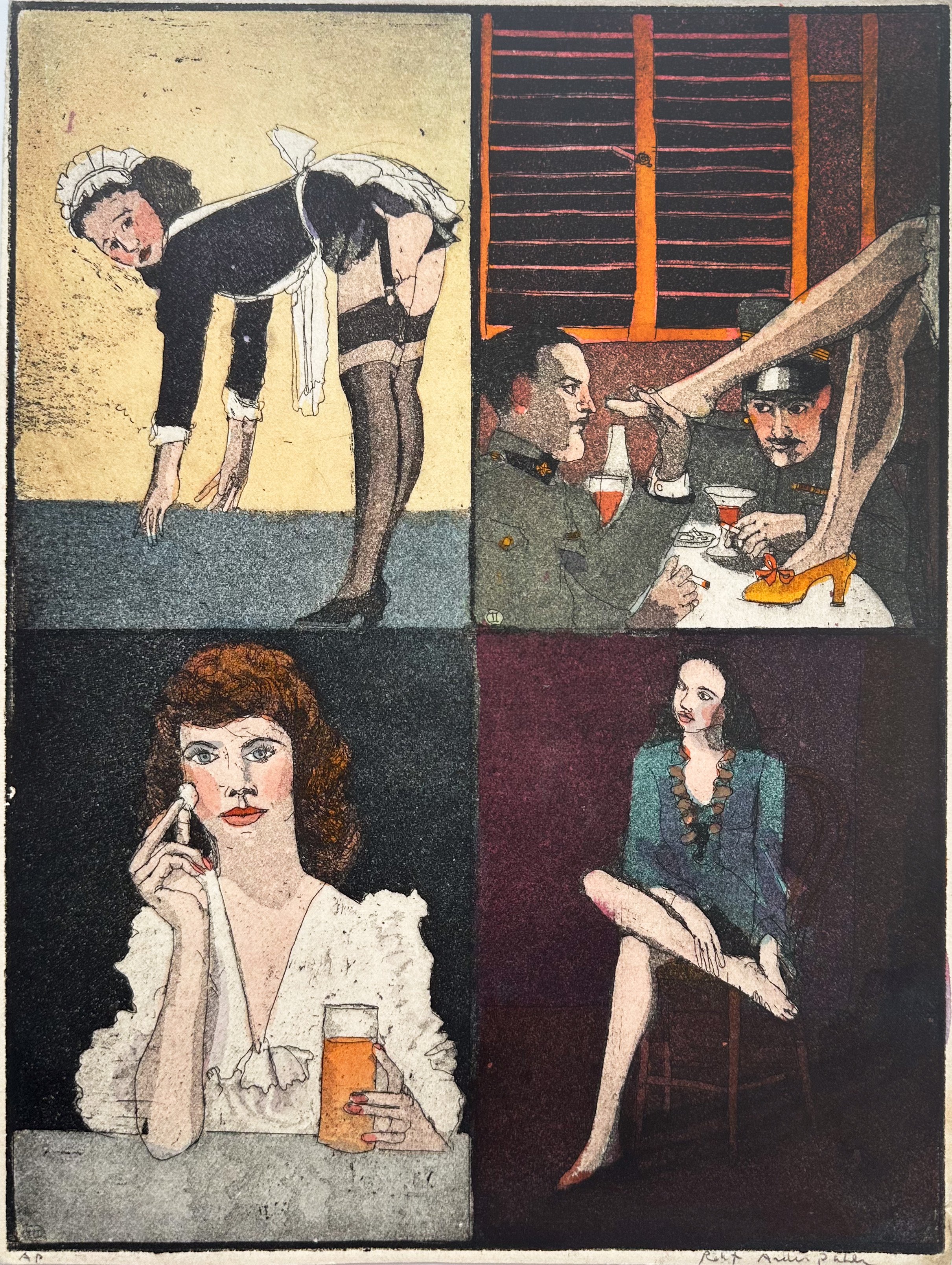 Four Views of Naughty - hand tinted monoprint - 12"H x 9"W