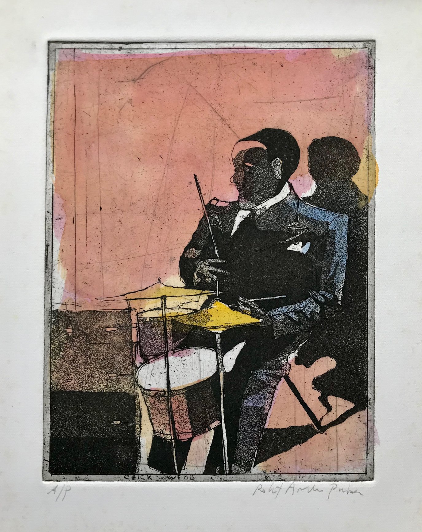 Chick Webb - hand tinted monoprint - 10"H x 7"W