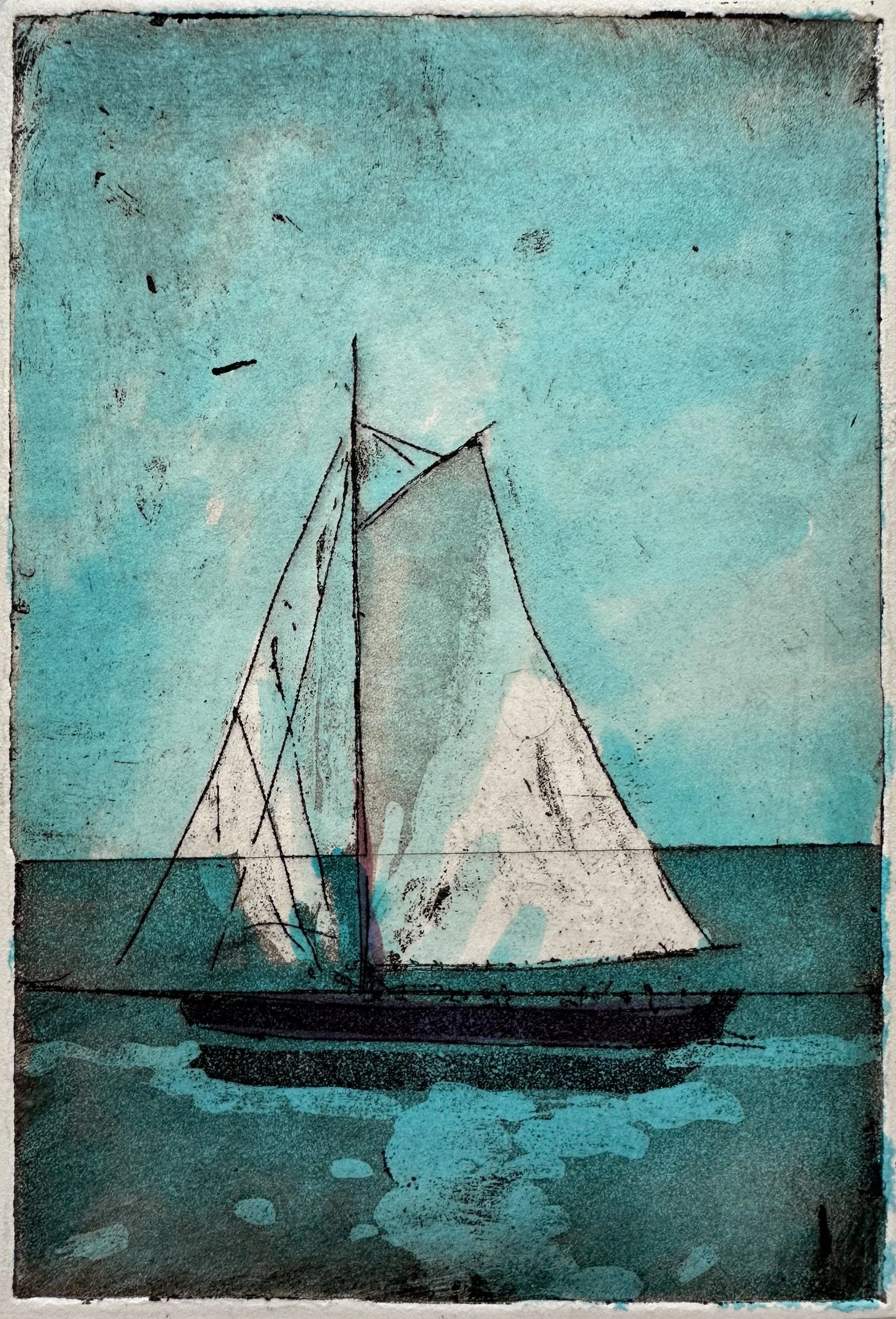 Lonely Sailboat - hand tinted monoprint - 9"H x 6 1/4"W