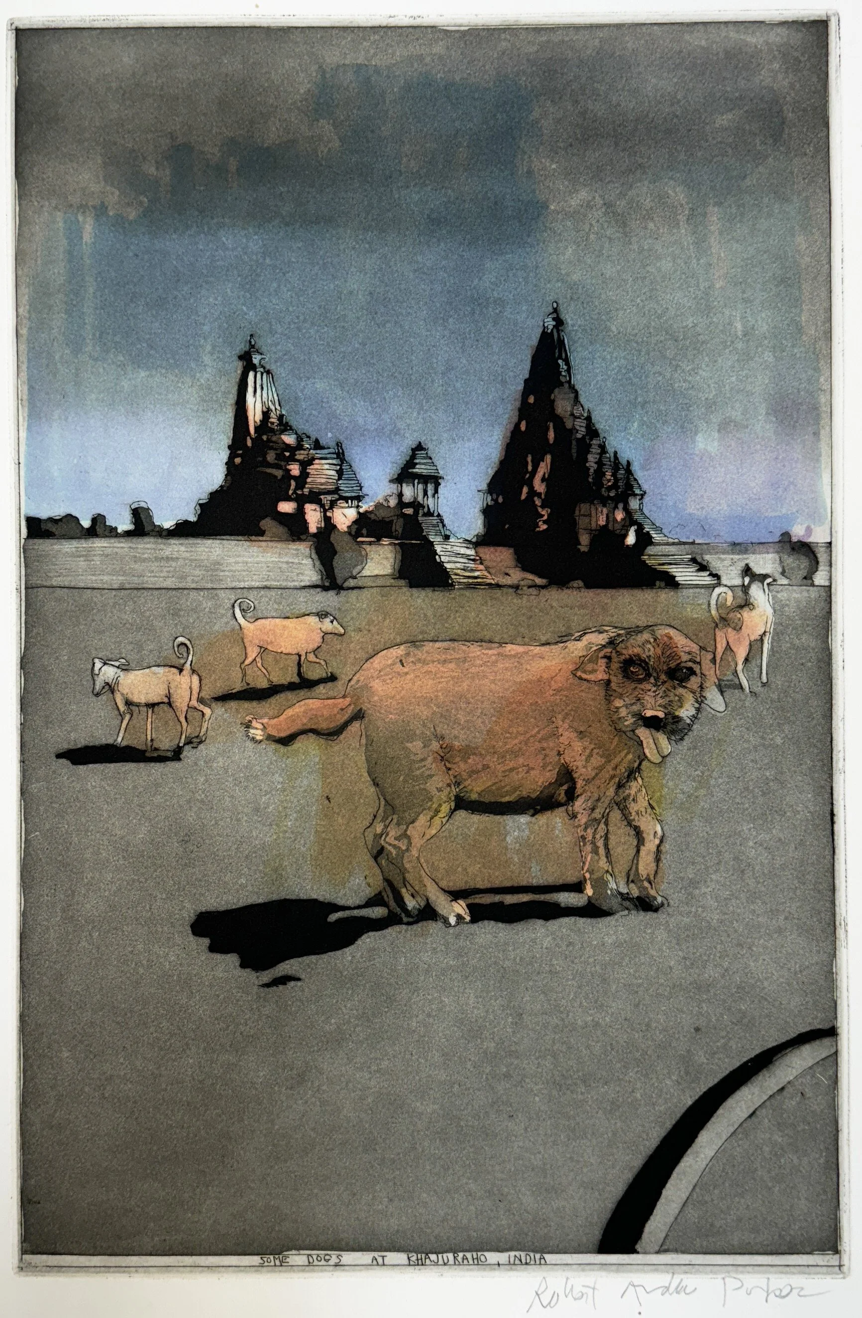 Some Dogs at Khajuraho - hand tinted monoprint 