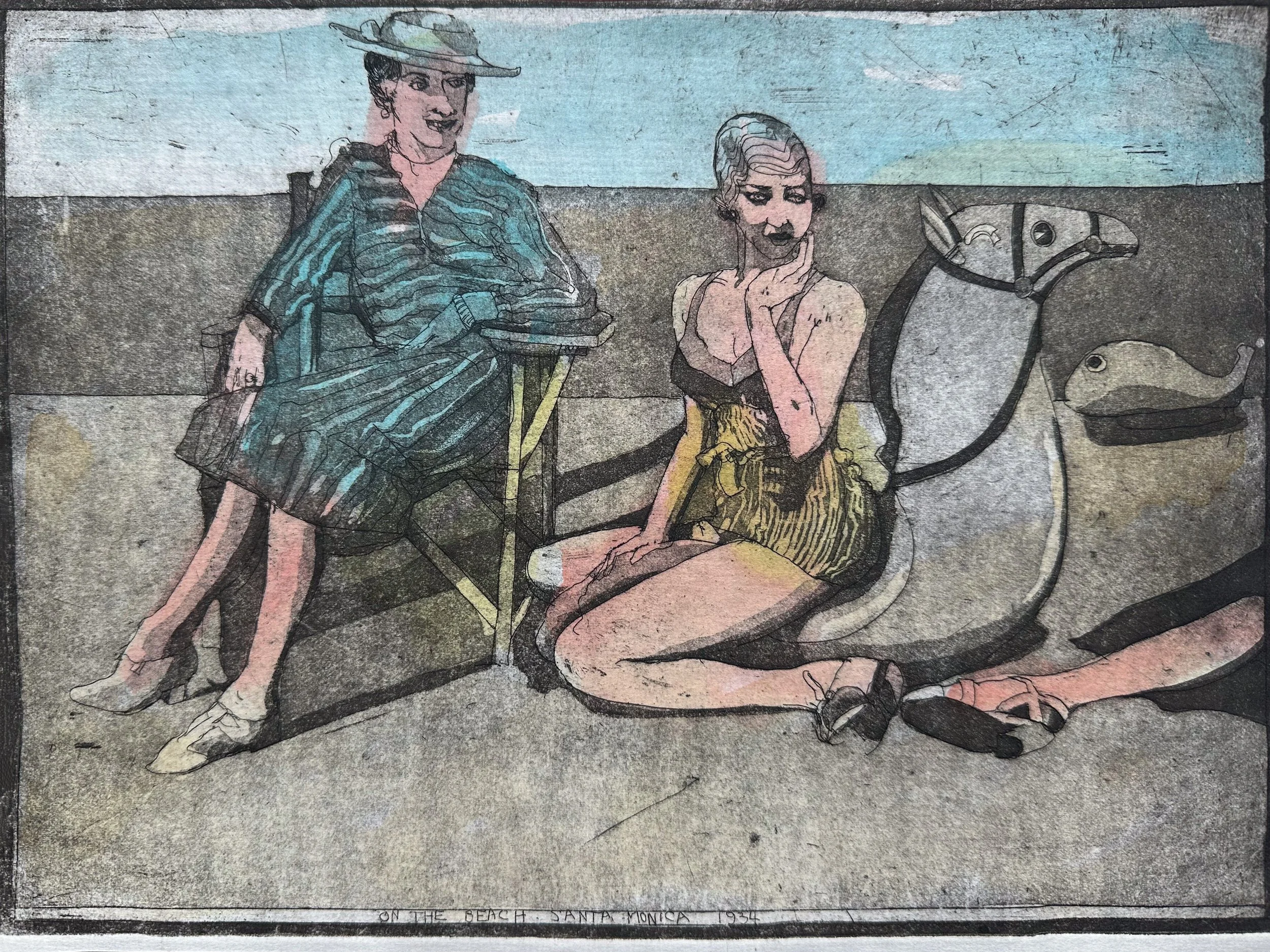 On the Beach, Santa Monica, 1934 - hand tinted monoprint - 8 3/4"H x 11 3/4"W