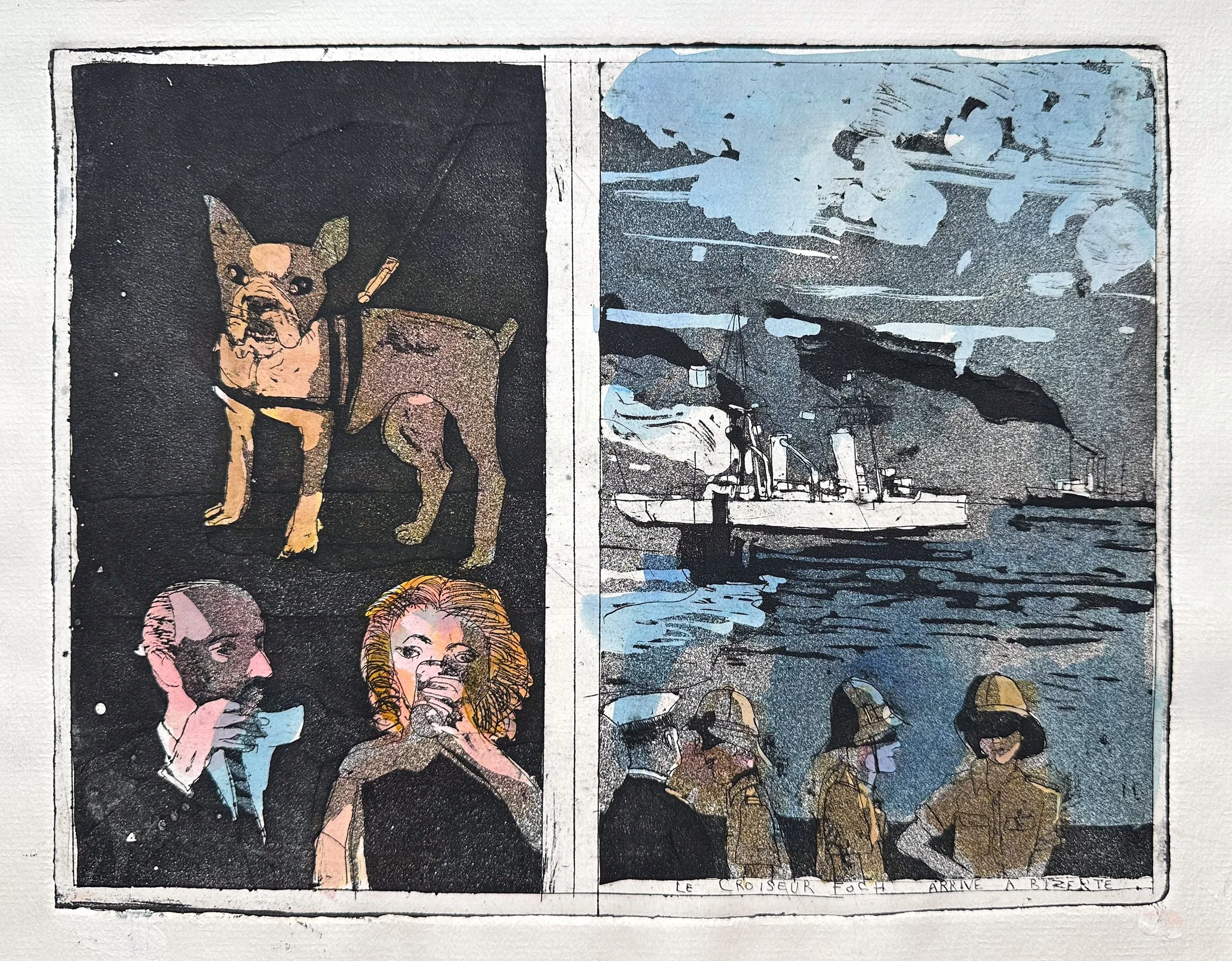 Le Croiseur Foch Arrive à Bizerte - hand tinted monoprint - 10 3/4"H x 13 3/4"W 