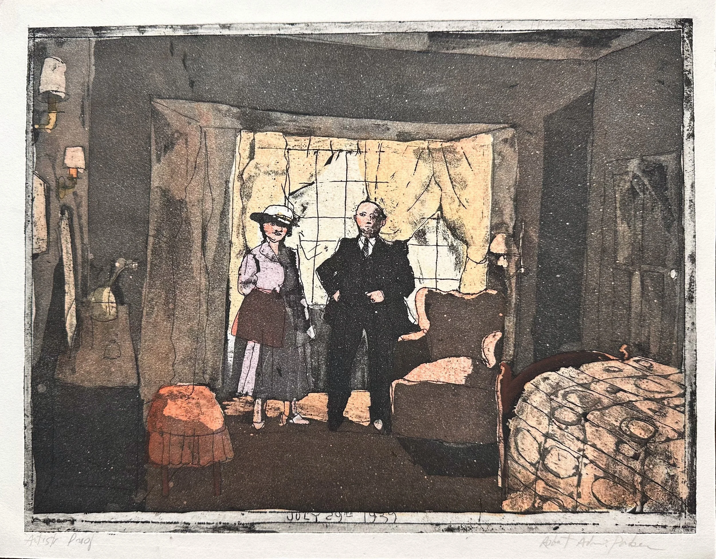 July 29, 1939 - hand tinted monoprint - 10"H x 12 1/2"W  