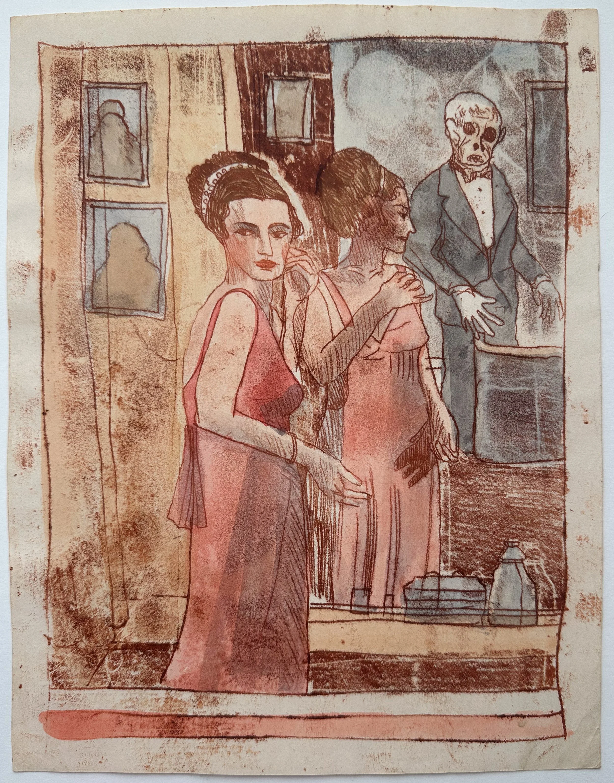 Beauty in the Mirror - monotype - 11"H x 8"W - Playboy Dime Mystery by John Blumenthal, 1975, The Case of the Cockamamie Sisters  