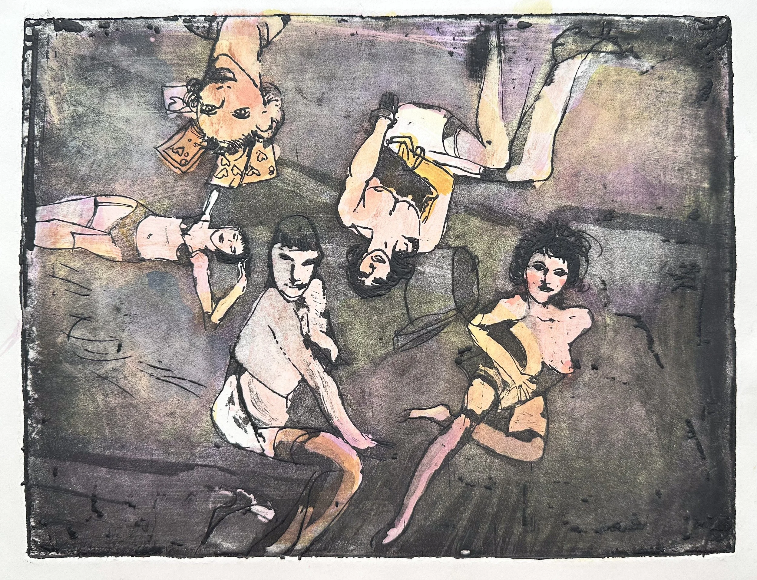 Love in All Directions - hand tinted monoprint - 11 3/4"H x 11 3/4"W