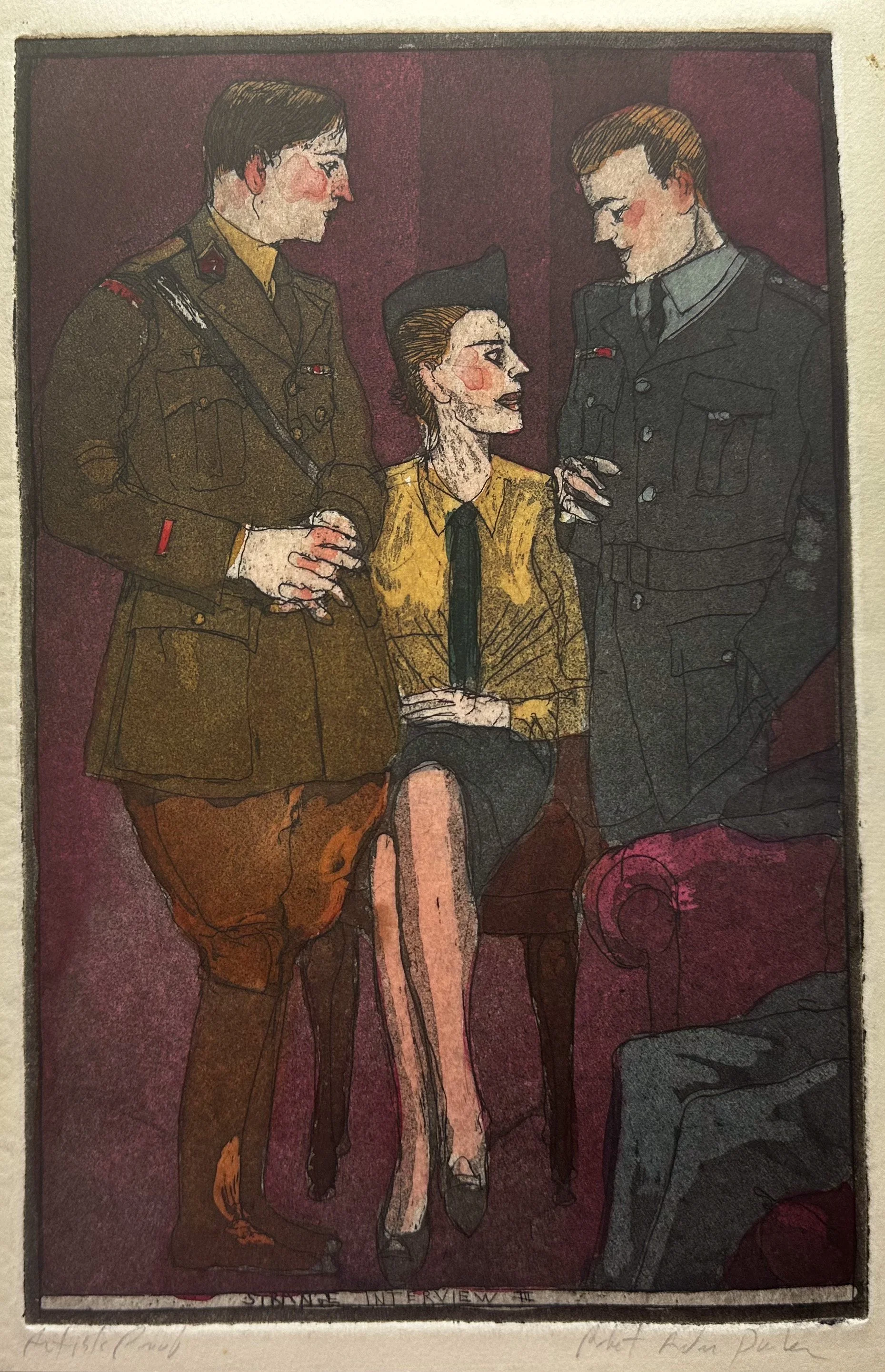 Strange Interview III - hand tinted monoprint - 9 1/2"H x 6 1/2"W