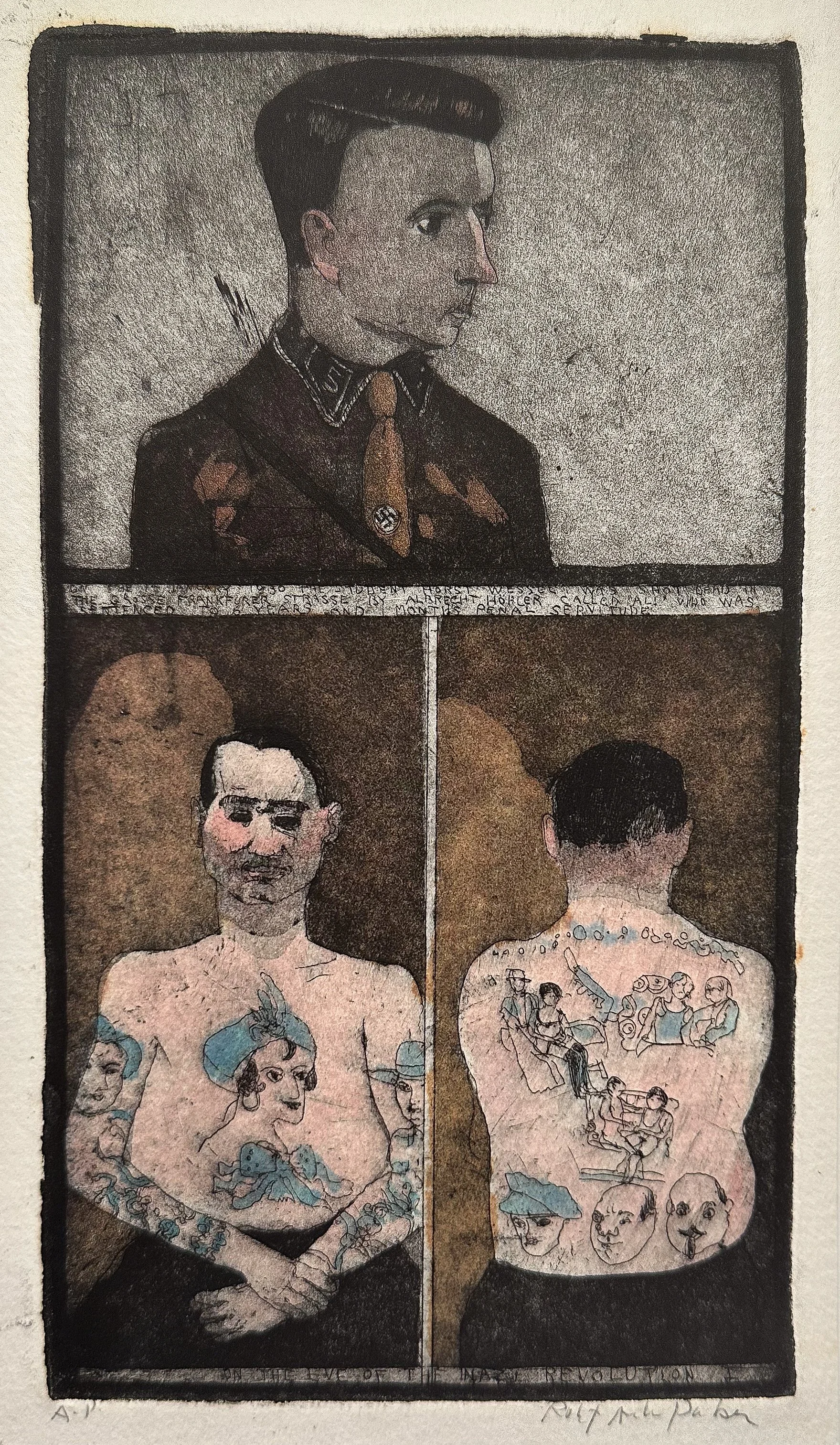 On the Eve of the Nazi Revolution - hand tinted monoprint - 9 1/2"H x 5 3/4"W