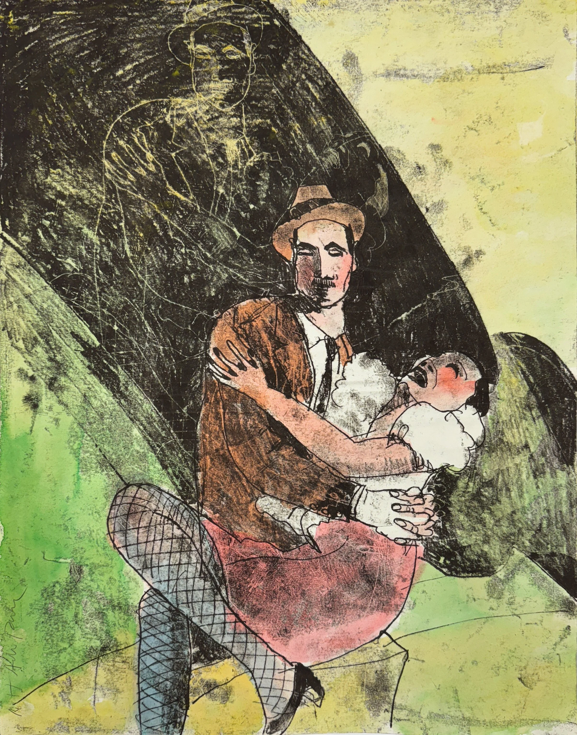 At the Speakeasy - hand tinted monotype - 24"H x 18"W