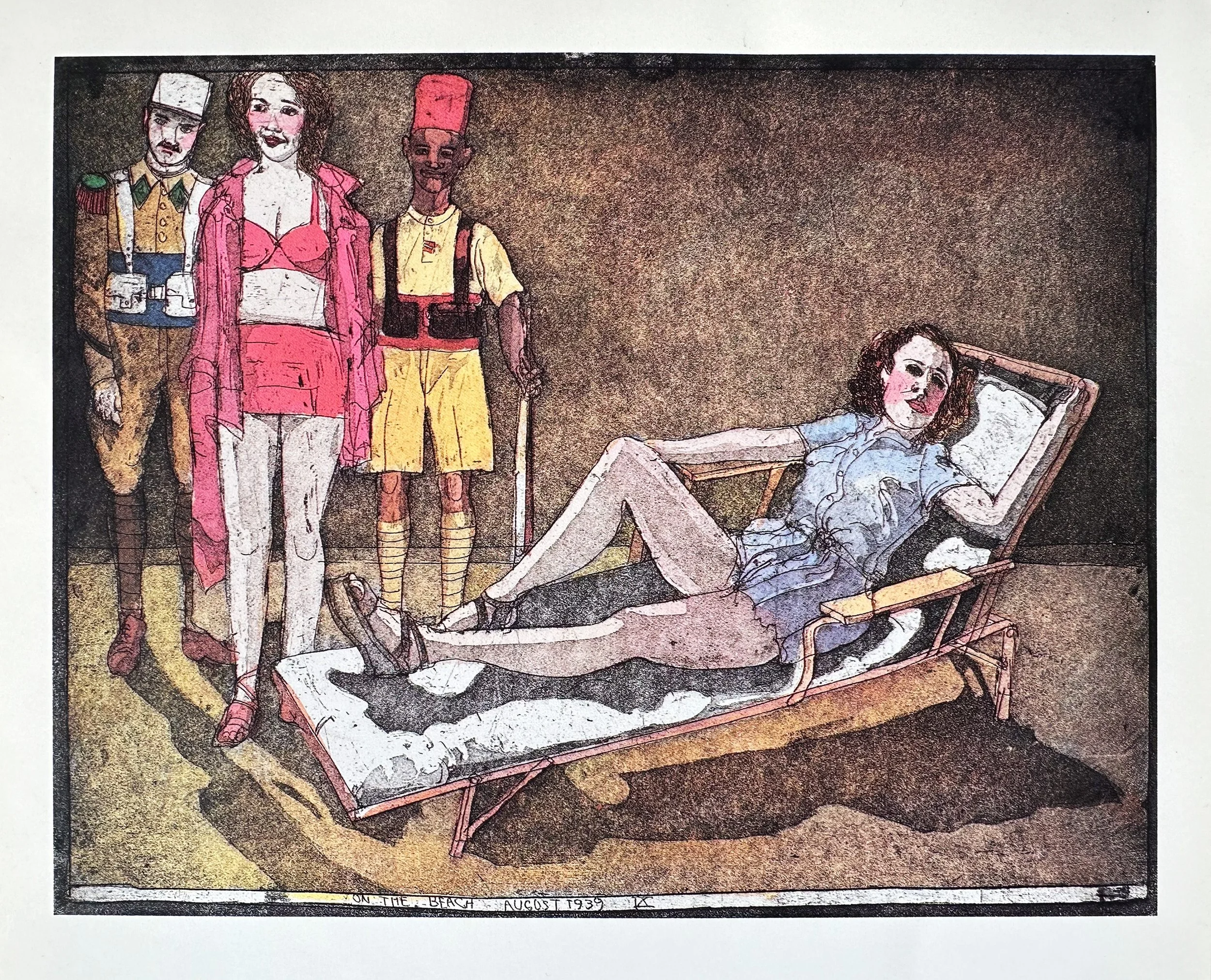 On the Beach, August 1939 IX - hand tinted monoprint 