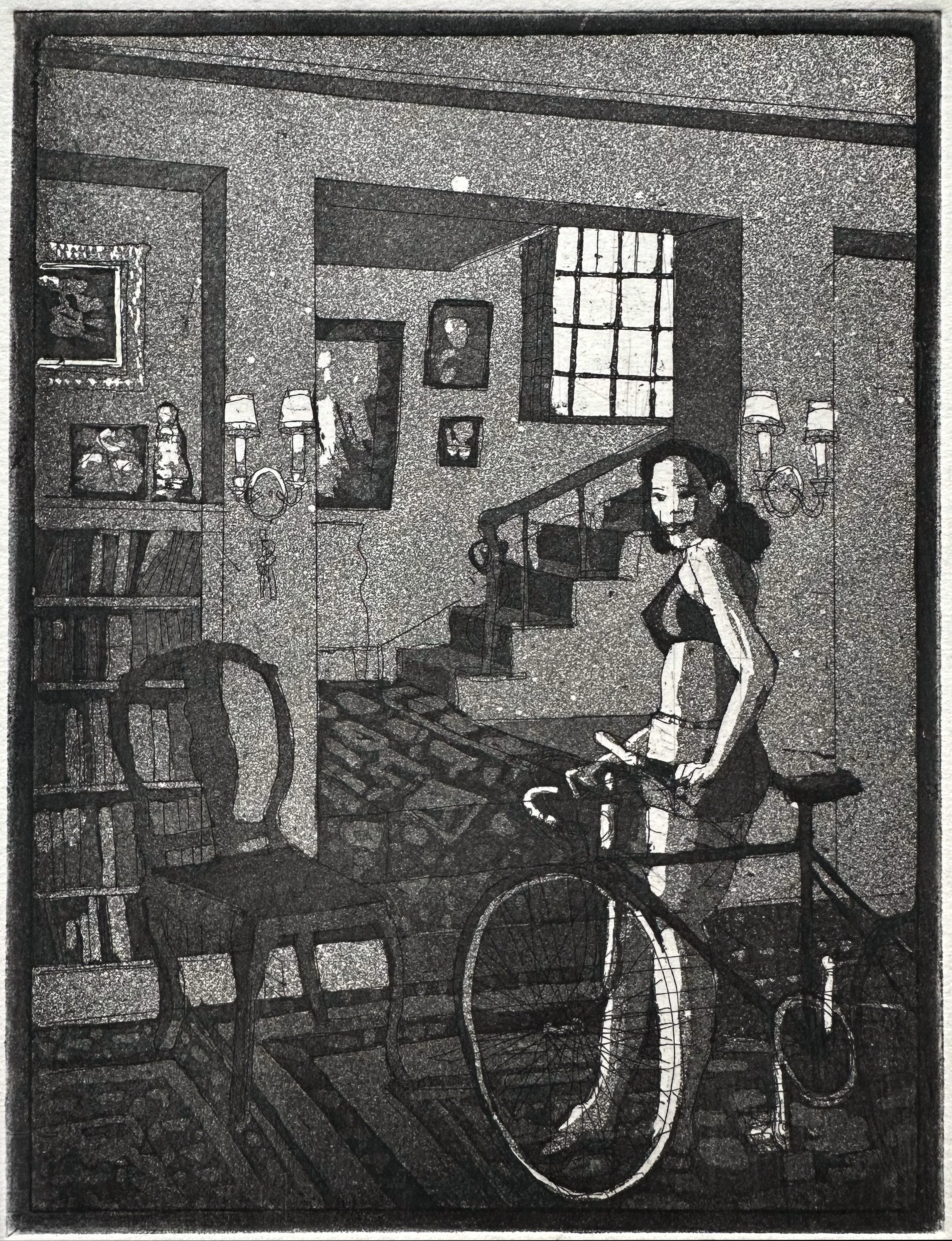 Girl with Bicycle in Living Room - monoprint - 10 1/2"H x 8 1/2"W - art 7 3/4"H x 6"W