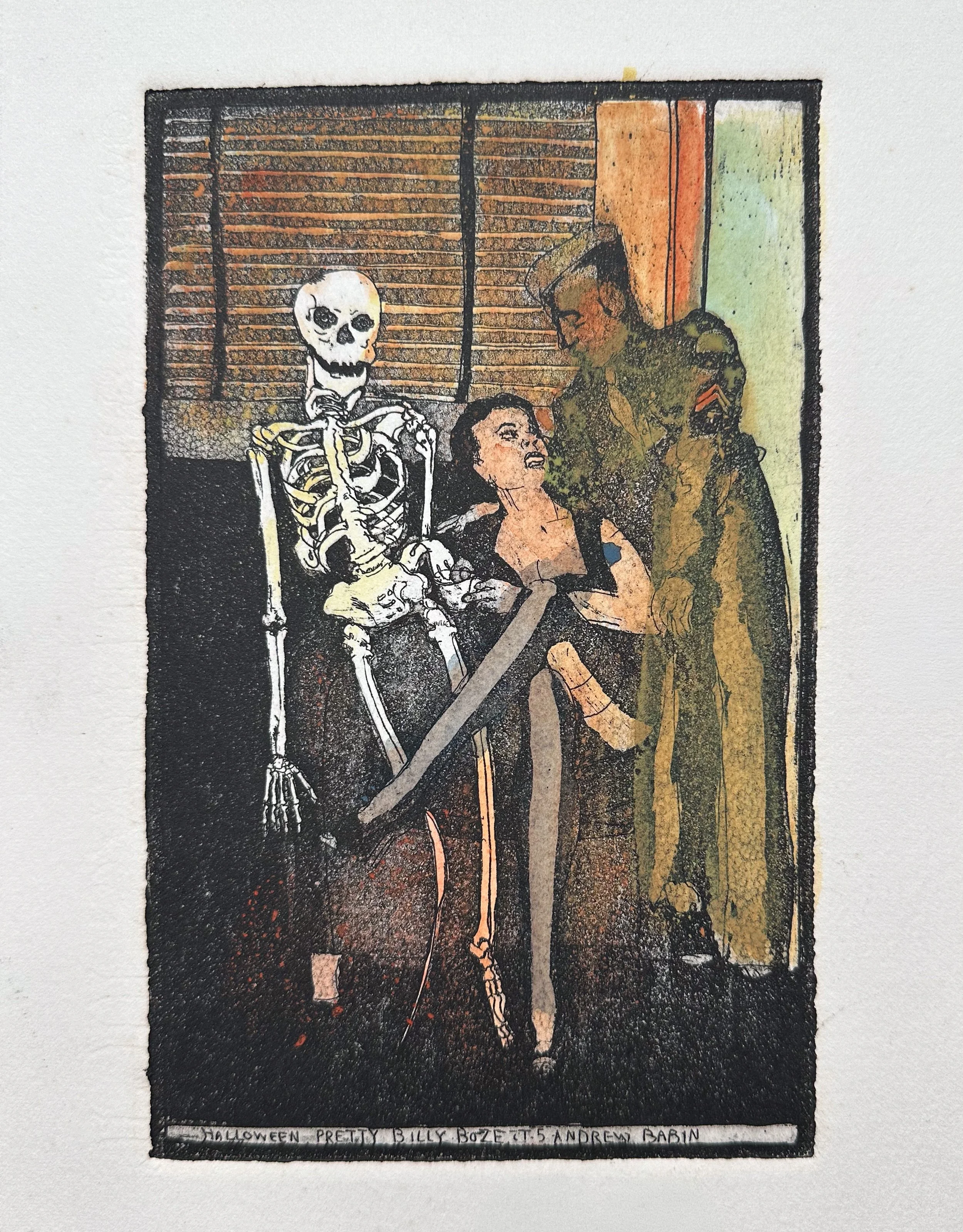 Halloween, Pretty Billy Boze - hand tinted monoprint - art 8"H x 5"W - border 9 3/4"H x 7 1/2"W 