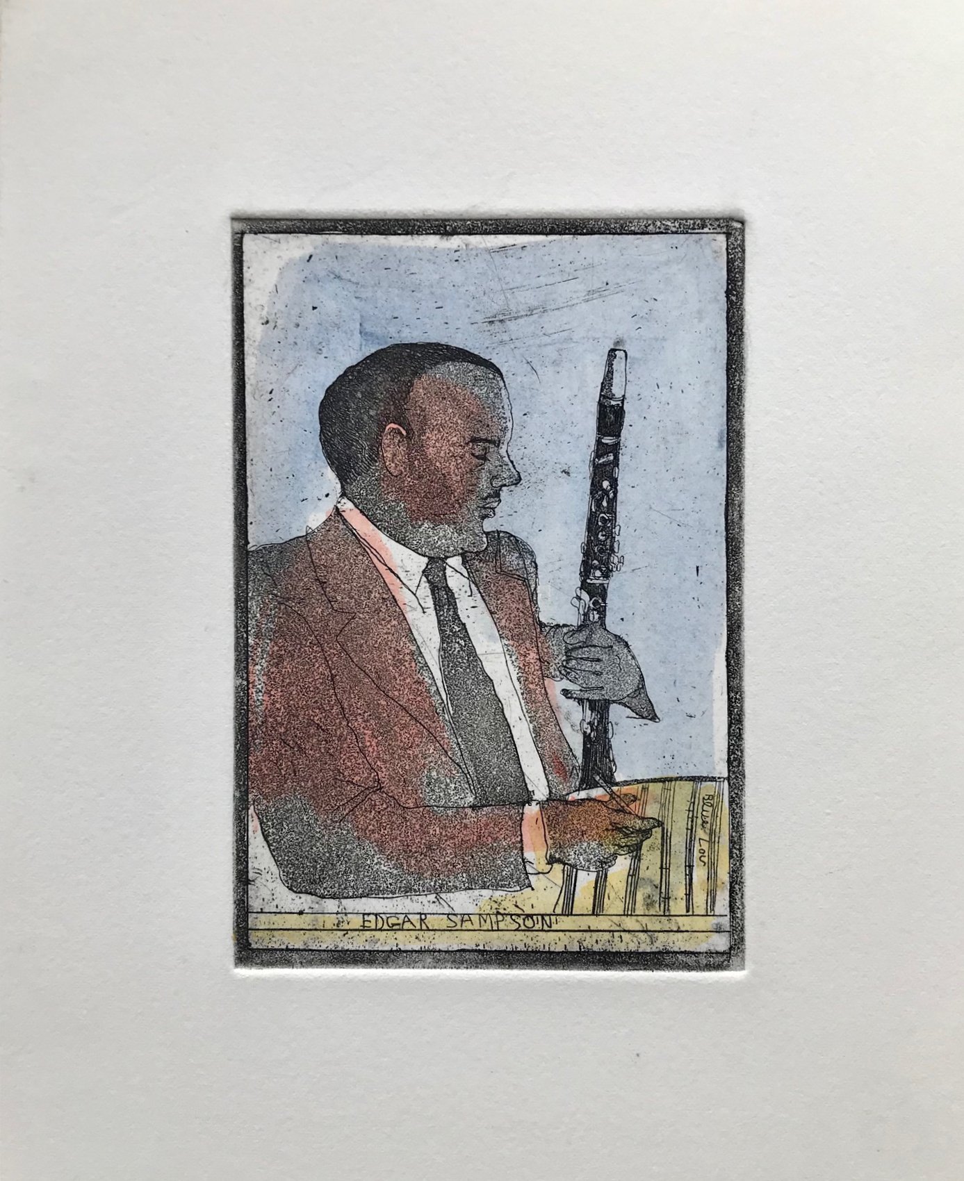 Edgar Sampson - hand tinted monoprint - 10"H x 6"W